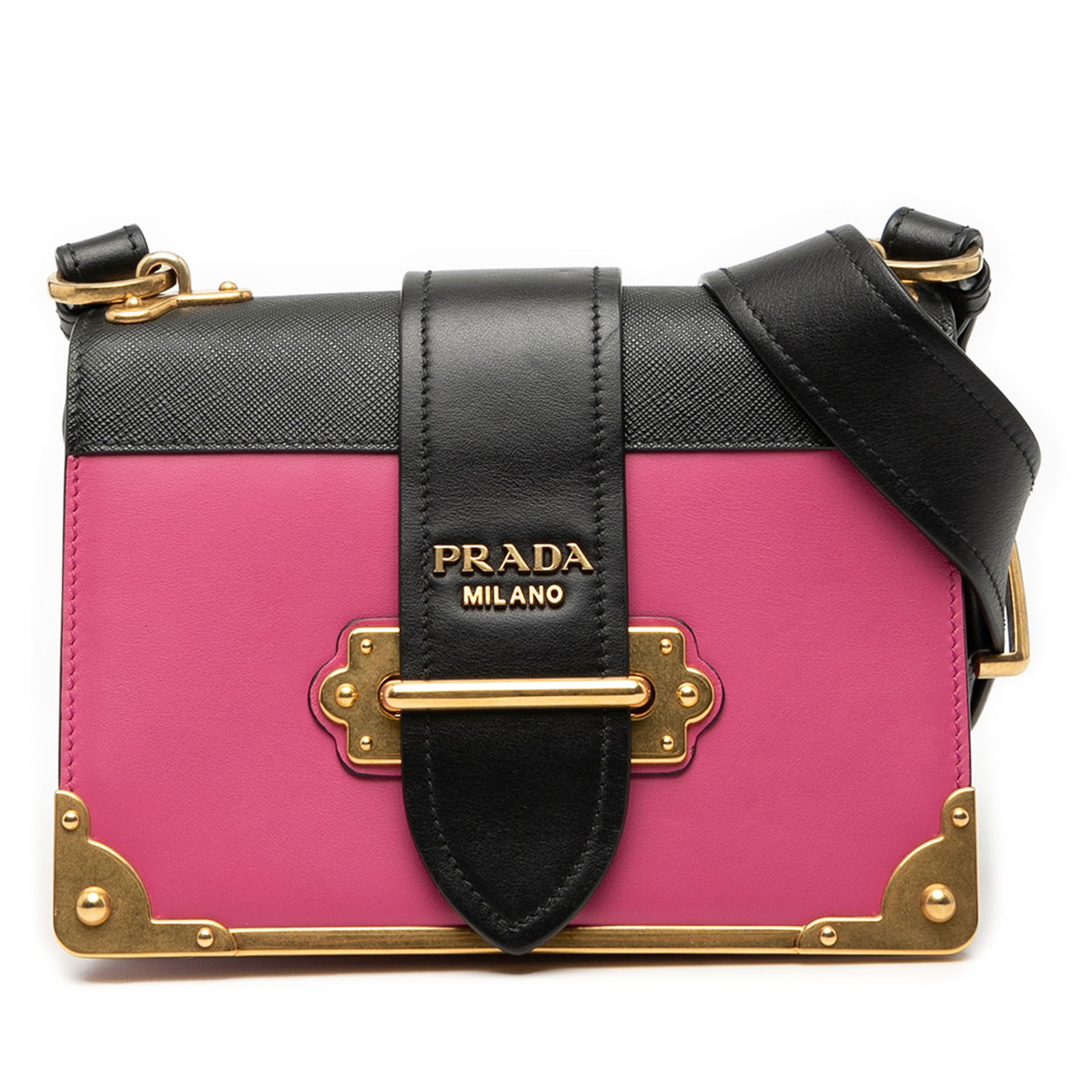 Prada Saffiano Trimmed City Calf Cahier Crossbody Bag Pink: Prada Saffiano Trimmed City Calf Cahier Crossbody Bag Pink This Prada Cahier Crossbody bag is crafted with a luxurious leather body featuring saffiano leather trim, complemented by elegant gold-tone h
