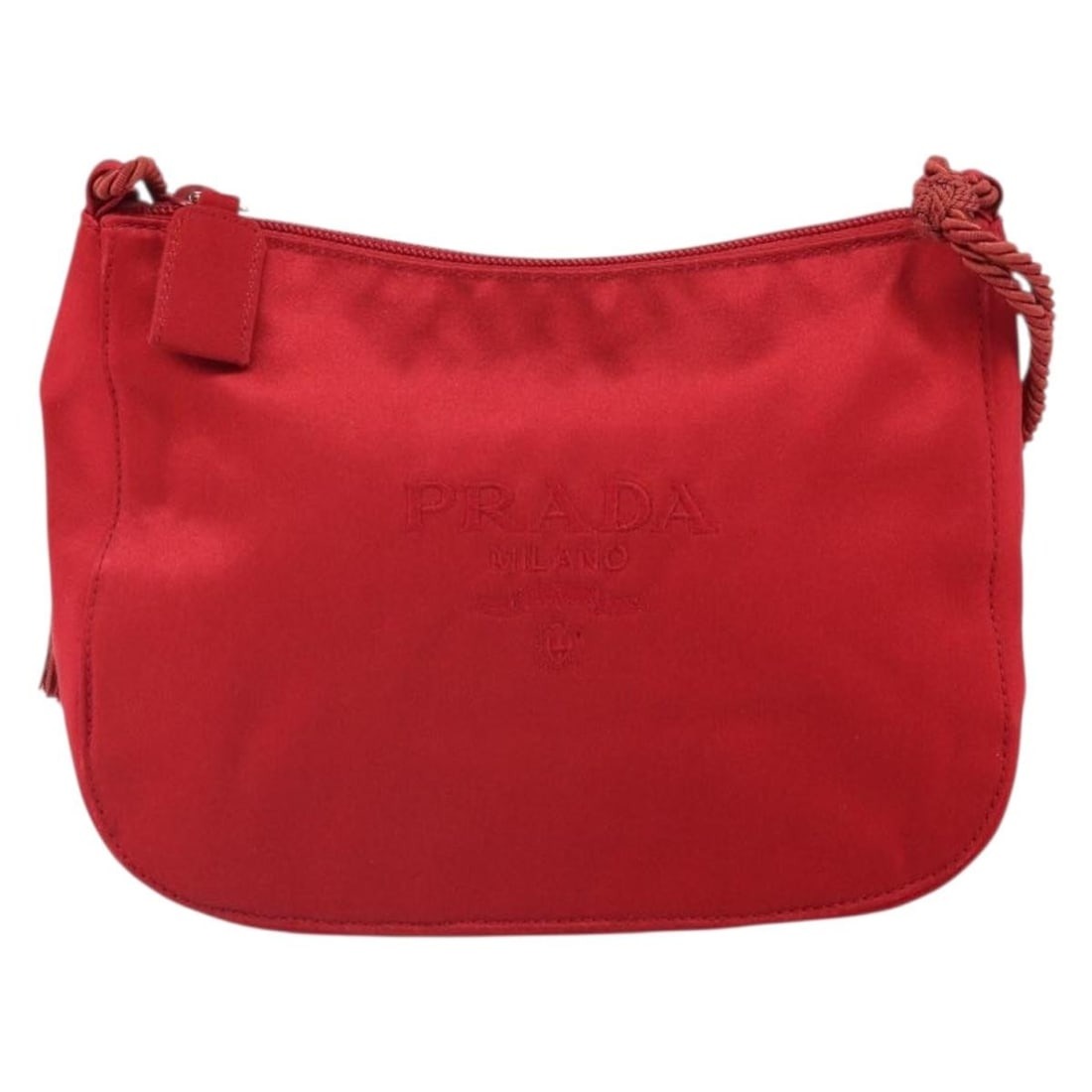 Prada Red Silk Vintage Shoulder Purse for Women: Prada Red Silk Vintage Shoulder Purse for Women This Prada vintage shoulder bag is crafted from red silk and designed for women. Made in Italy, the bag features a classic silhouette with a shoulder st
