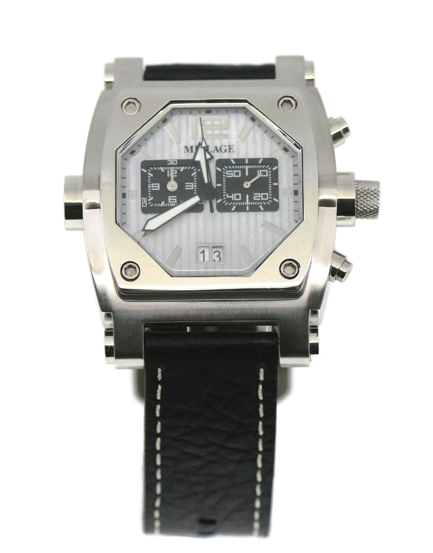 Millage Rogue men's wristwatch in stainless steel with box: Millage Rogue men's wristwatch in stainless steel with box This is a pre-owned Millage Rogue wristwatch featuring a stainless steel case. The watch comes with its original box and is 100% authentic. S