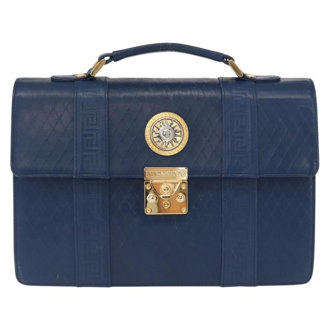 Blue Leather Versace Vintage Womens Handbag 30cm by 19cm by 8cm: Blue Leather Versace Vintage Womens Handbag 30cm by 19cm by 8cm This vintage Versace handbag is crafted from blue leather and designed for women. It features metal fittings and offers a spacious inter