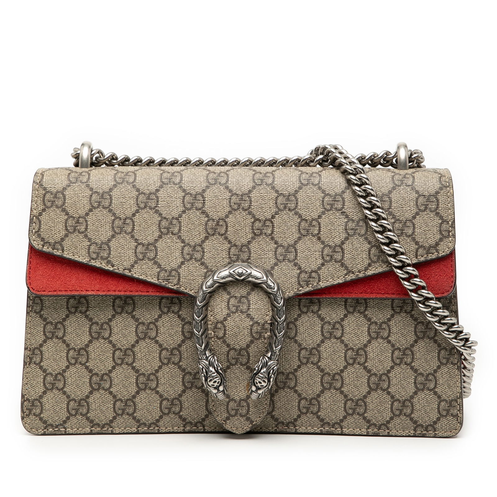 Gucci Dionysus Medium GG Supreme Canvas Shoulder Bag with Suede Trim: Gucci Dionysus Medium GG Supreme Canvas Shoulder Bag with Suede Trim This Gucci Medium GG Supreme Dionysus Shoulder Bag features a coated canvas body with suede leather trim, a silver-tone curb chain
