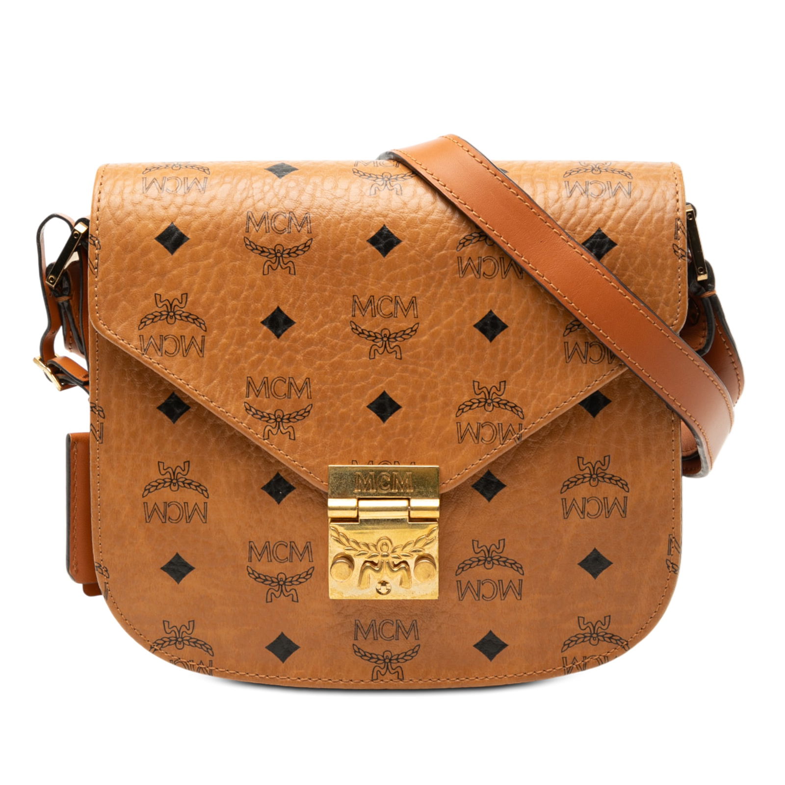 MCM Patricia Small Visetos Coated Canvas Brown Crossbody Bag: MCM Patricia Small Visetos Coated Canvas Brown Crossbody Bag This MCM Small Visetos Patricia crossbody bag features a coated canvas body in brown, a flat leather strap, a front flap with a metal closu