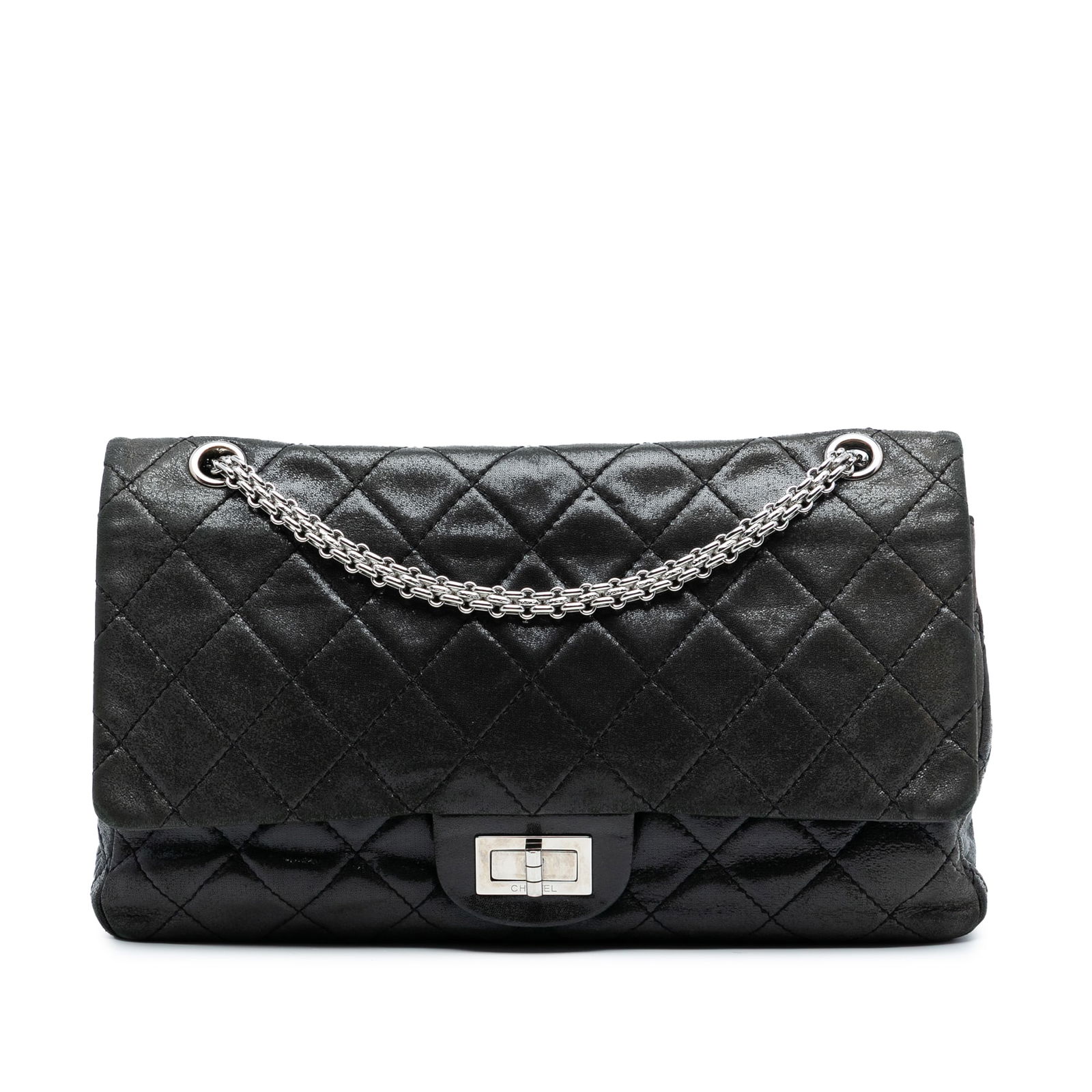 Iridescent Quilted Lambskin 2.55 Double Flap 227 Shoulder Bag by Chanel: Iridescent Quilted Lambskin 2.55 Double Flap 227 Shoulder Bag by Chanel This Chanel Iridescent Quilted Lambskin Reissue 2.55 Double Flap 227 features a quilted lambskin leather body in black with an i