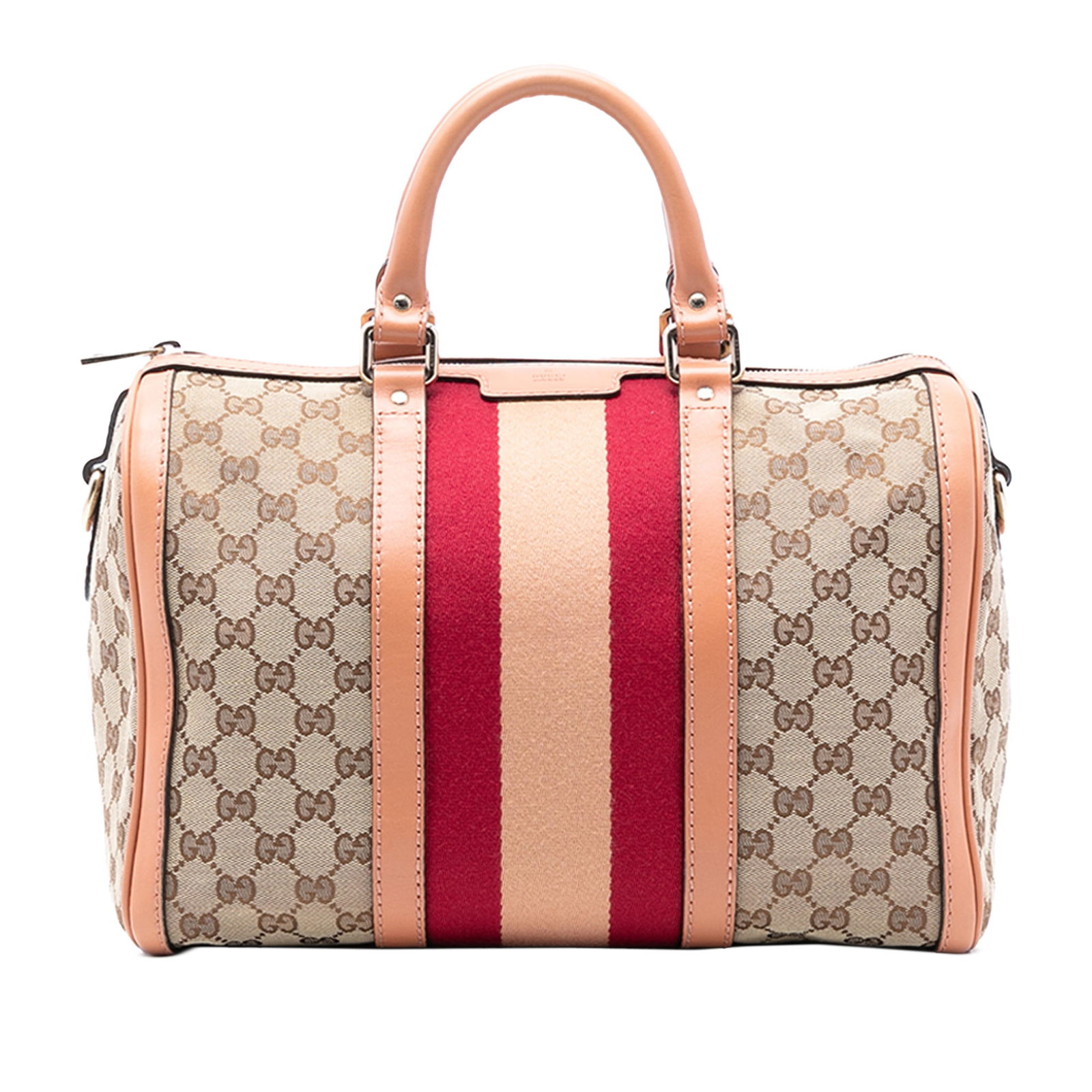 Gucci Joy Boston Medium GG Canvas Satchel with Web and Leather Trim: Gucci Joy Boston Medium GG Canvas Satchel with Web and Leather Trim This Gucci Medium GG Canvas Web Joy Boston Bag features a classic canvas body with leather trim and distinctive web detail. It is de