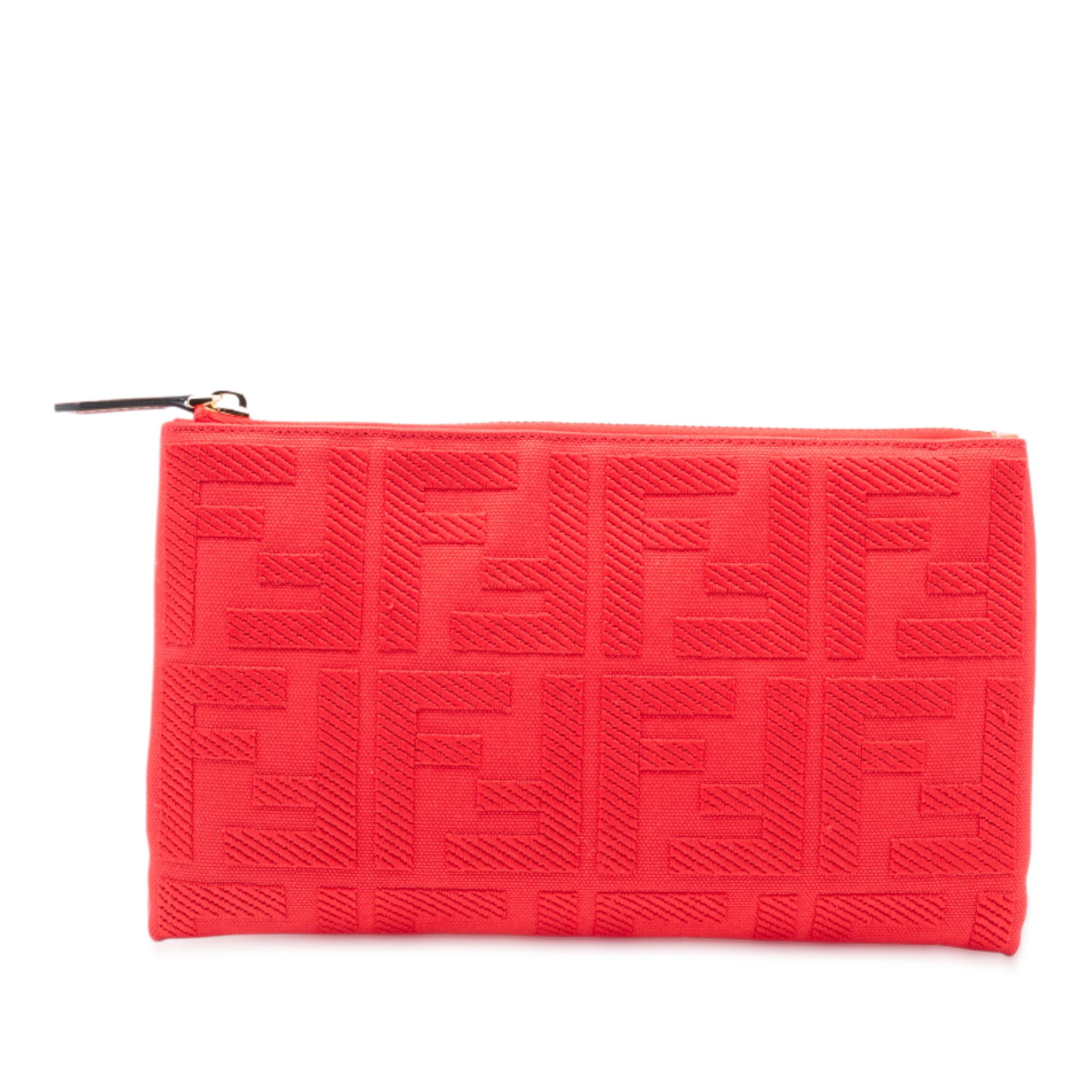 Fendi Zucca Red Embroidered Canvas Top Zip Clutch Bag: Fendi Zucca Red Embroidered Canvas Top Zip Clutch Bag This Fendi Zucca Embroidered Canvas Zip Pouch features a red canvas body with embroidered details and a convenient top zip closure. The pouch is c