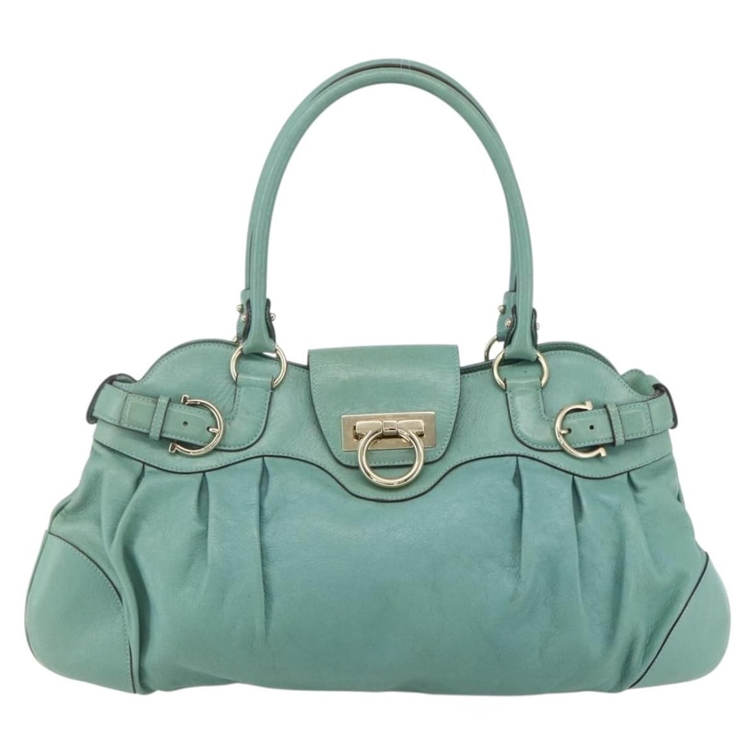 Salvatore Ferragamo Leather Gancini Woman's Handbag Green: Salvatore Ferragamo Leather Gancini Woman's Handbag Green This Salvatore Ferragamo Gancini handbag is crafted from green leather, designed for women. It features metal fittings and a spacious interior