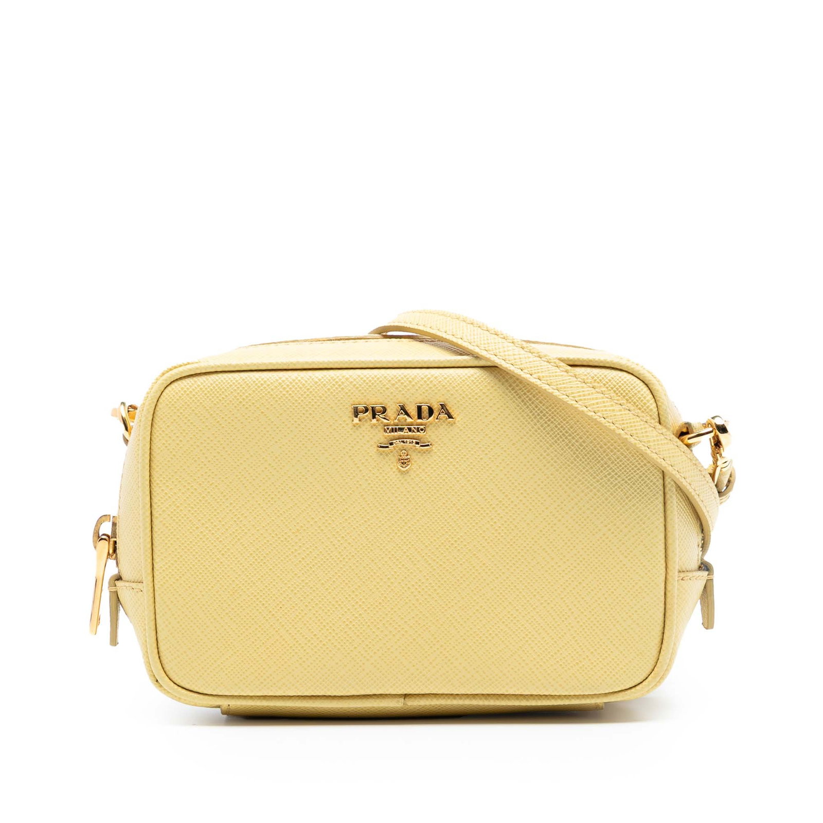 Yellow Prada Saffiano Lux Leather Crossbody Camera Bag: Yellow Prada Saffiano Lux Leather Crossbody Camera Bag This Prada Saffiano Lux Camera Bag is crafted from yellow saffiano leather and features an adjustable leather shoulder strap, top zip closure, an