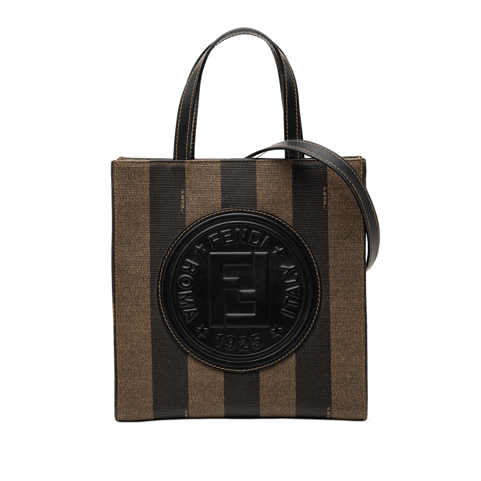 Fendi Pequin Brown Canvas Convertible Satchel with Leather Handles: Fendi Pequin Brown Canvas Convertible Satchel with Leather Handles This Fendi Pequin Coated Canvas Logo Convertible Tote features a coated canvas body with flat leather handles, a detachable flat leat