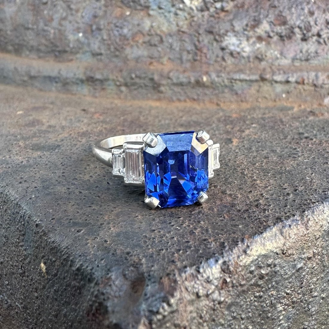 Platinum Cocktail Ring With GIA AGL No Heat Ceylon Sapphire and Diamond Accents: Platinum Cocktail Ring With GIA AGL No Heat Ceylon Sapphire and Diamond Accents This vintage platinum cocktail ring features a striking natural royal blue sapphire, certified by both GIA and AGL as un