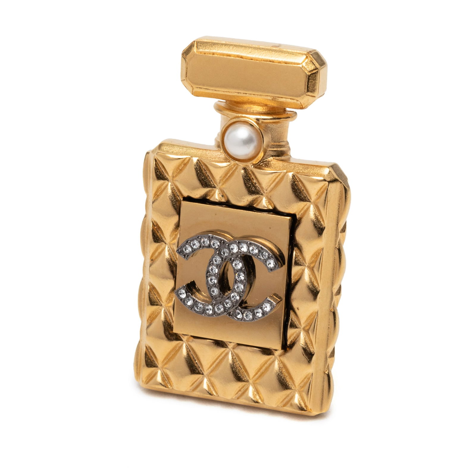 Chanel Costume Brooch With Faux Pearls and Rhinestone Perfume Bottle Motif: Chanel Costume Brooch With Faux Pearls and Rhinestone Perfume Bottle Motif This Chanel brooch features a gold tone metal body adorned with faux pearl and rhinestone accents, designed in the shape of a