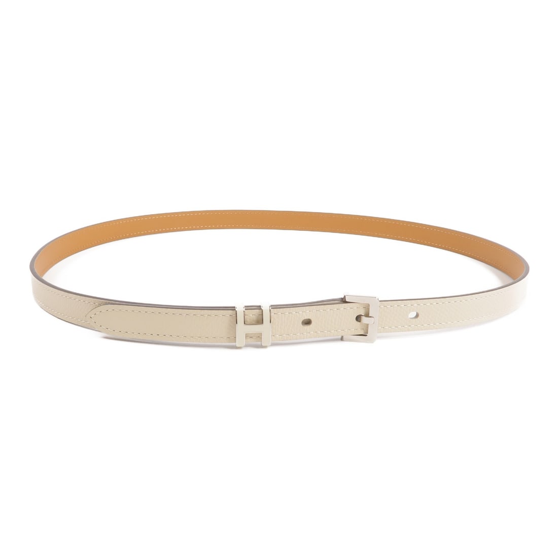 Epsom Leather Craie White Belt by Hermes with Palladium Hardware: Epsom Leather Craie White Belt by Hermes with Palladium Hardware This Hermes belt features Epsom calfskin leather in Craie (white) and is complemented by palladium hardware. Crafted in France, it is d