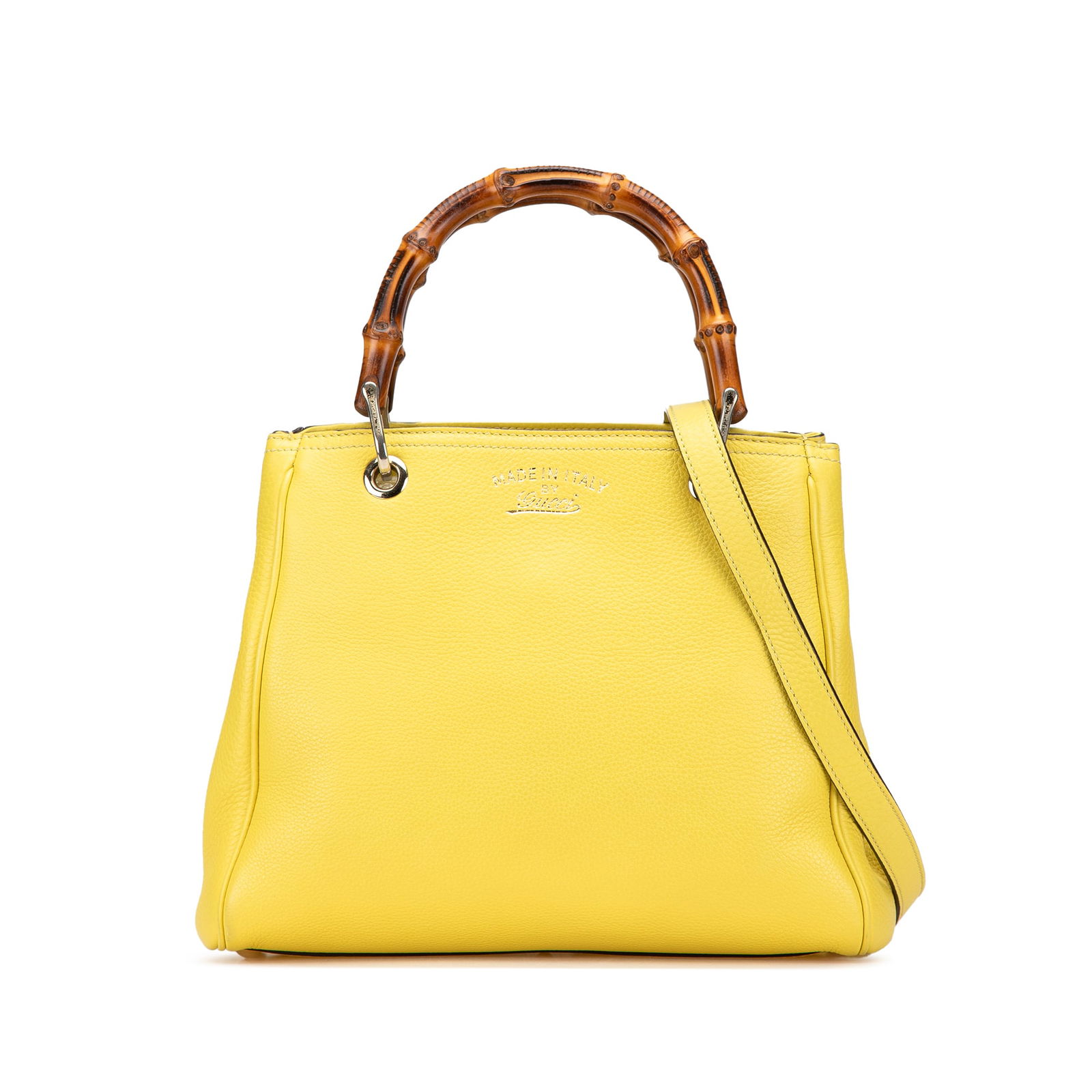 Gucci Small Calfskin Bamboo Shopper Satchel Yellow Leather Bag: Gucci Small Calfskin Bamboo Shopper Satchel Yellow Leather Bag The Gucci Small Calfskin Bamboo Shopper Satchel is a stylish and functional bag crafted from premium leather. It features iconic bamboo h