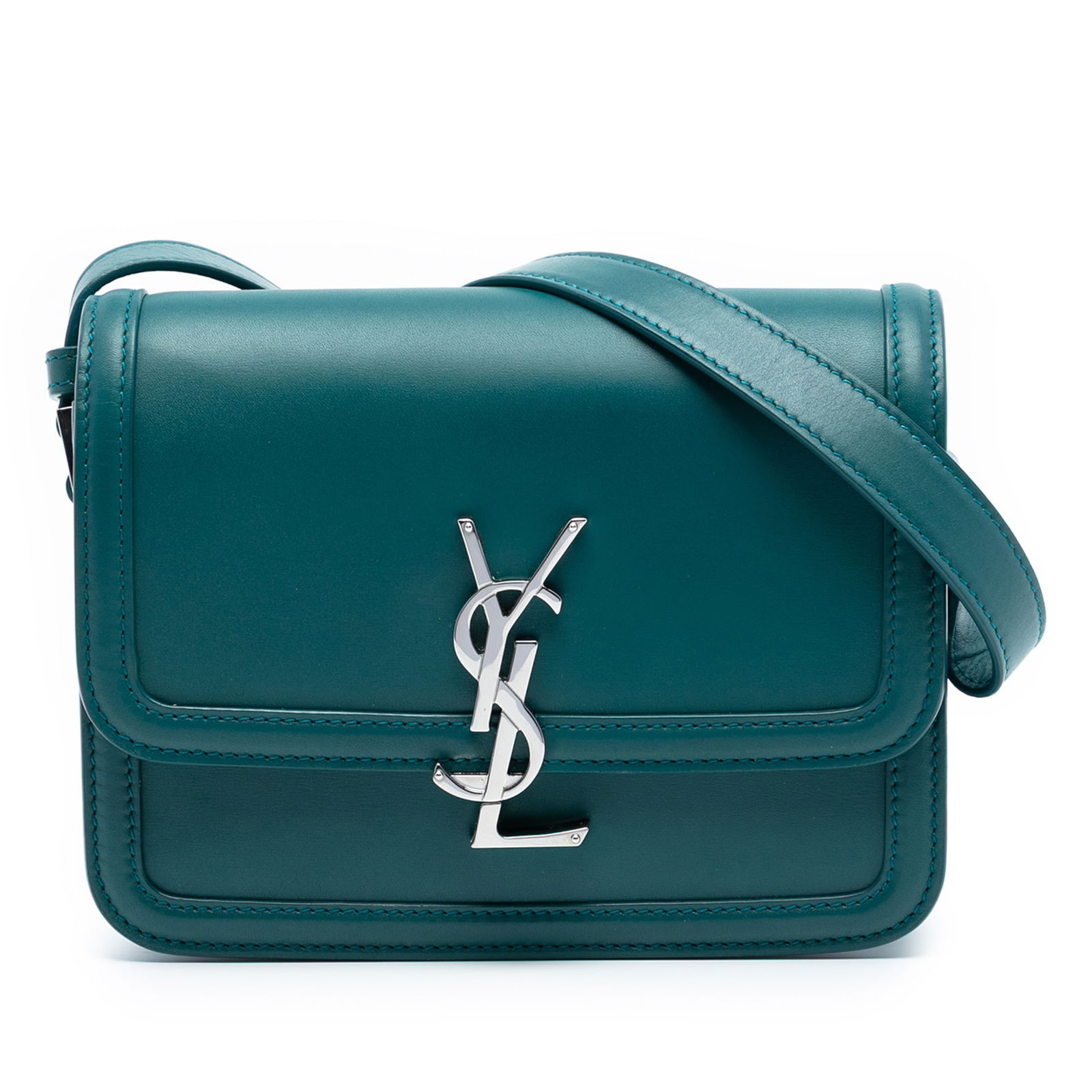 Saint Laurent Solferino Small Blue Leather Satchel with Adjustable Strap: Saint Laurent Solferino Small Blue Leather Satchel with Adjustable Strap This Saint Laurent Small Calfskin Solferino Satchel features a blue leather body with a flap and clasp closure, an adjustable f