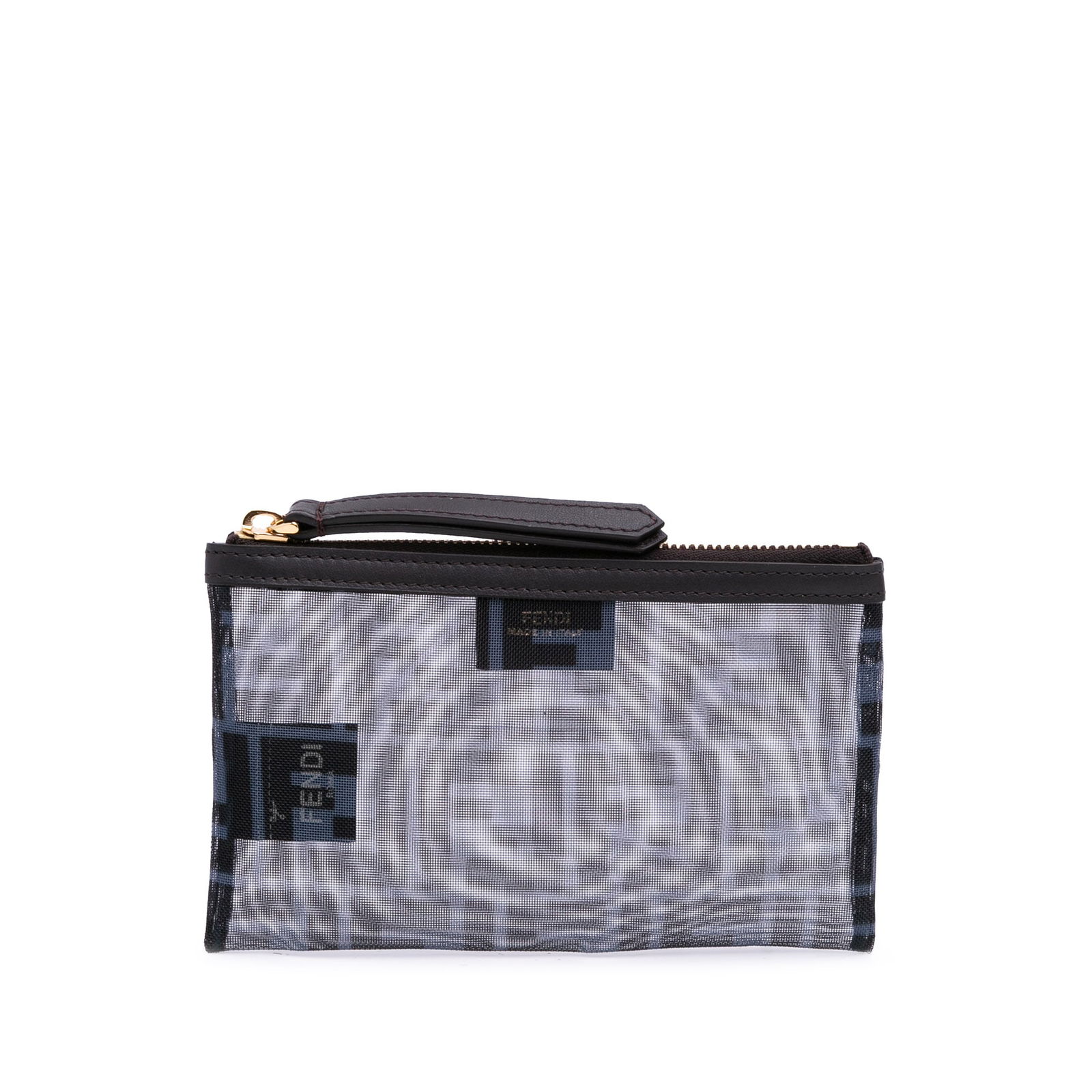 Fendi FF Mesh Pouch Gray Leather Trim Top Zip Italy: Fendi FF Mesh Pouch Gray Leather Trim Top Zip Italy The Fendi FF Mesh Pouch is a stylish accessory featuring a durable mesh body complemented by leather trim. It is designed with a convenient top zip