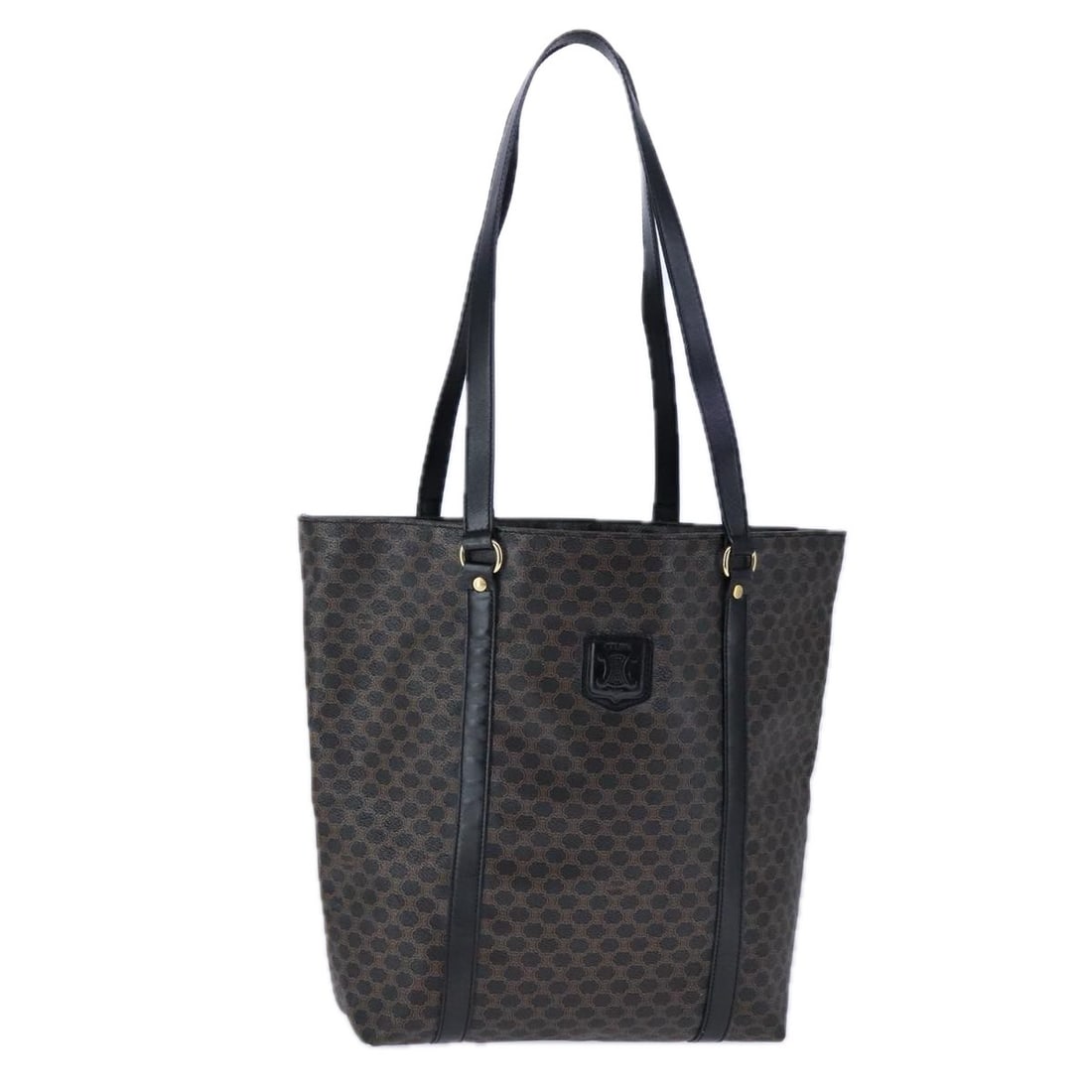 CELINE Macadam Canvas Tote Bag Black Gold PVC Leather Auth Italy: CELINE Macadam Canvas Tote Bag Black Gold PVC Leather Auth Italy Elevate your style with this CELINE Macadam Canvas Tote Bag, expertly crafted from durable PVC leather in a sophisticated black and gol