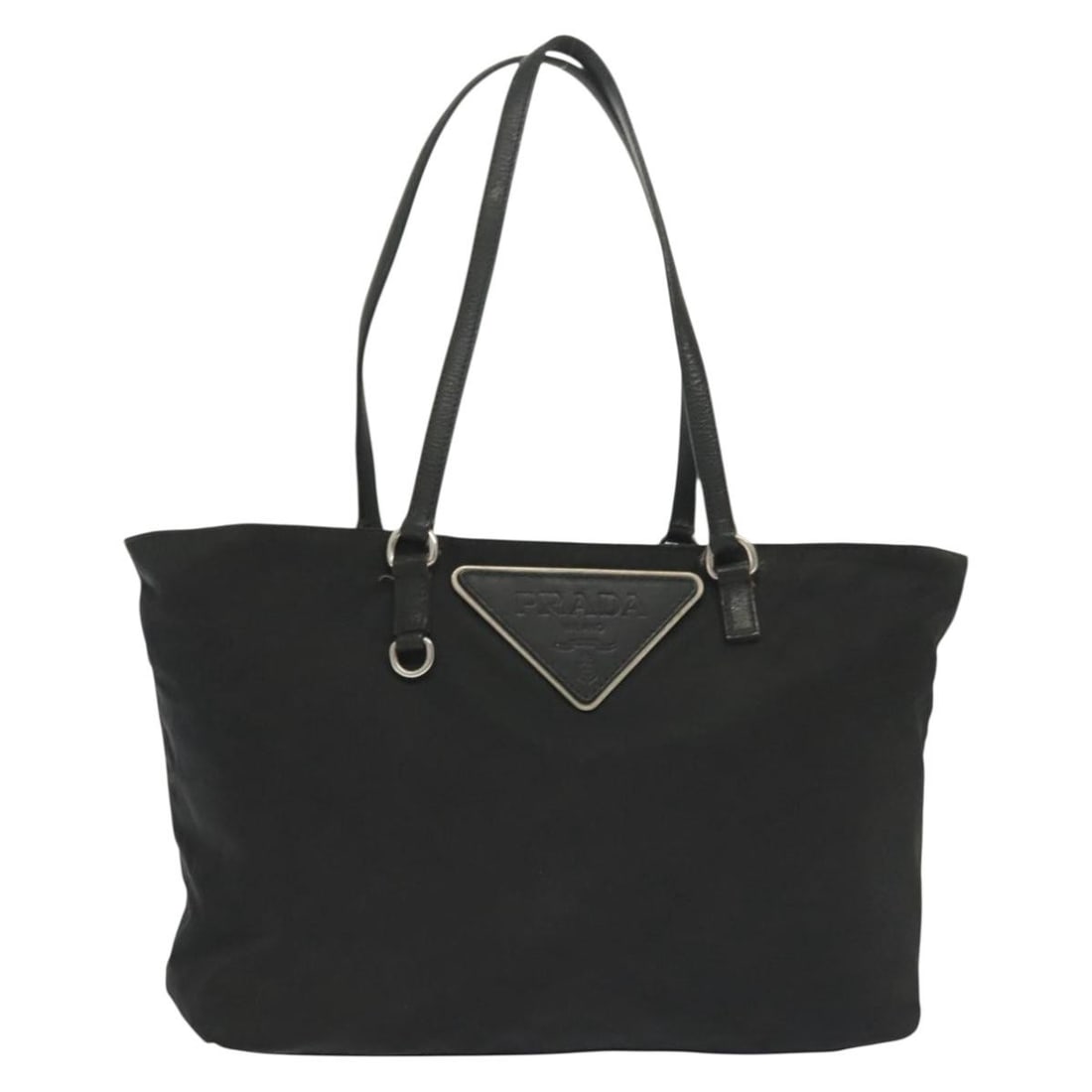 Black Nylon Prada Vintage Tote Bag 32cm by 23cm by 11cm: Black Nylon Prada Vintage Tote Bag 32cm by 23cm by 11cm This Prada Vintage Tote for women features a black nylon exterior with metal fittings. It shows signs of wear including rubbing, slight stains,