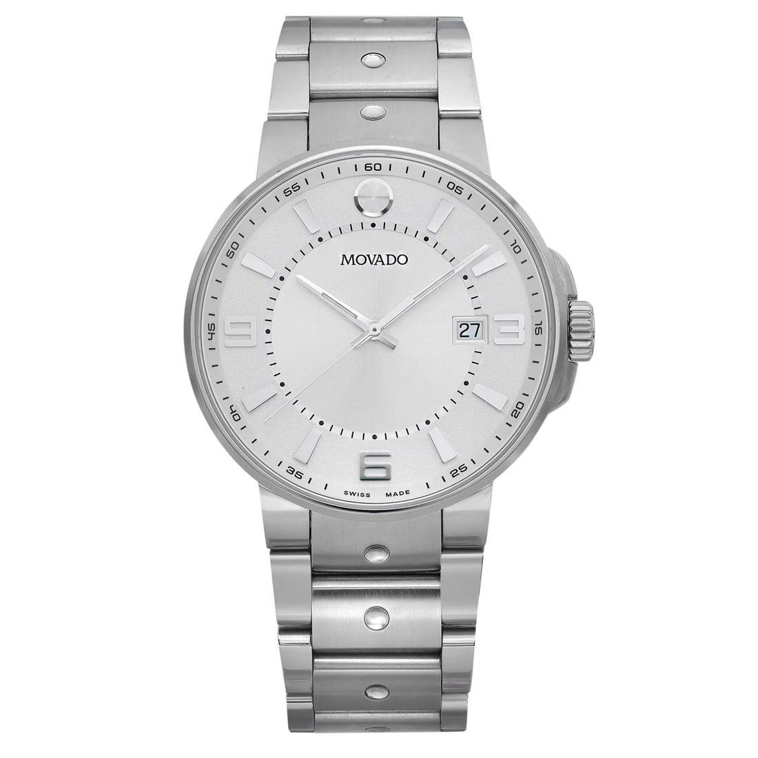 Movado Pilot 41mm Quartz Men's Watch Stainless Steel Silver Dial Gray Bezel: Movado Pilot 41mm Quartz Men's Watch Stainless Steel Silver Dial Gray Bezel Discover the Movado Pilot, a stylish men's wristwatch designed for casual wear. This timepiece features a striking silver di