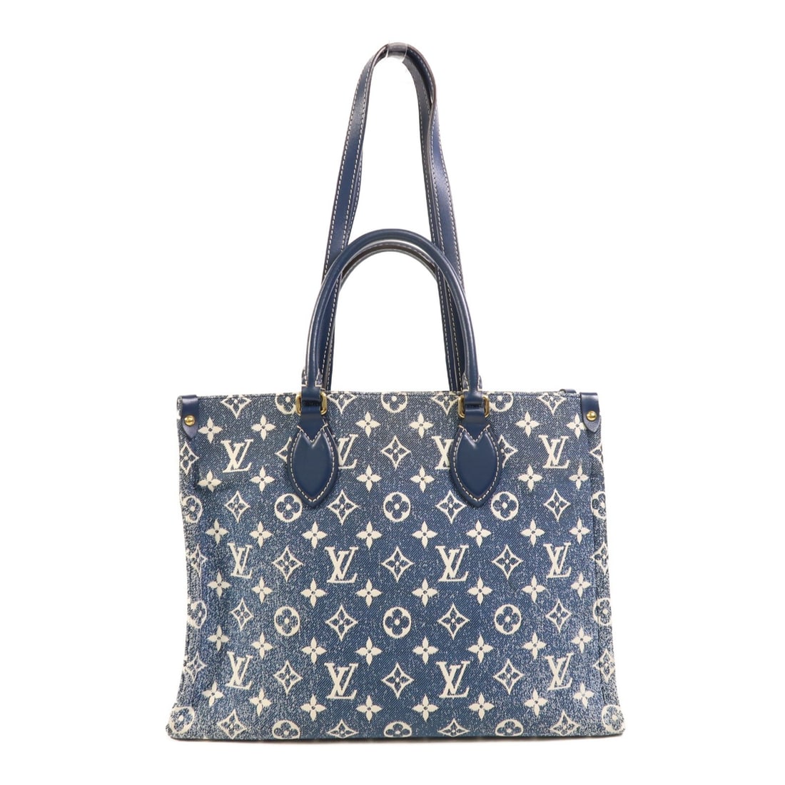 Louis Vuitton On The Go MM Monogram Denim Blue Shoulder Bag with Gold Hardware: Louis Vuitton On The Go MM Monogram Denim Blue Shoulder Bag with Gold Hardware This Louis Vuitton On The Go MM 2-way shoulder bag features blue monogram denim with gold tone hardware. Designed for ver