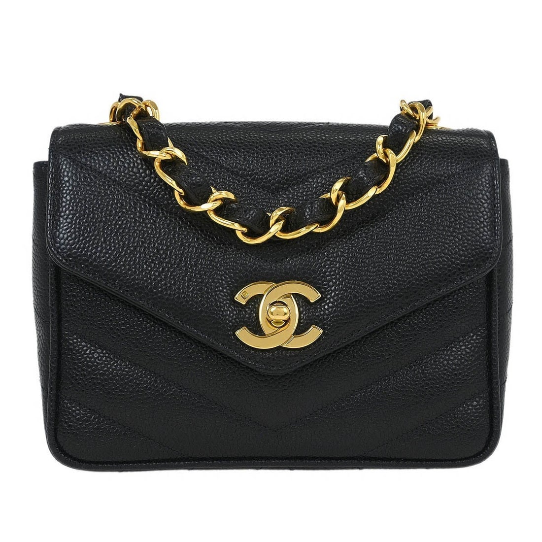 Chanel Black Calfskin Chevron Mini Flap Bag with Logo: Chanel Black Calfskin Chevron Mini Flap Bag with Logo Elevate your style with the Chanel Black Calfskin Chevron Single Flap Shoulder Bag. This exquisite mini crossbody bag features a chic chevron patt