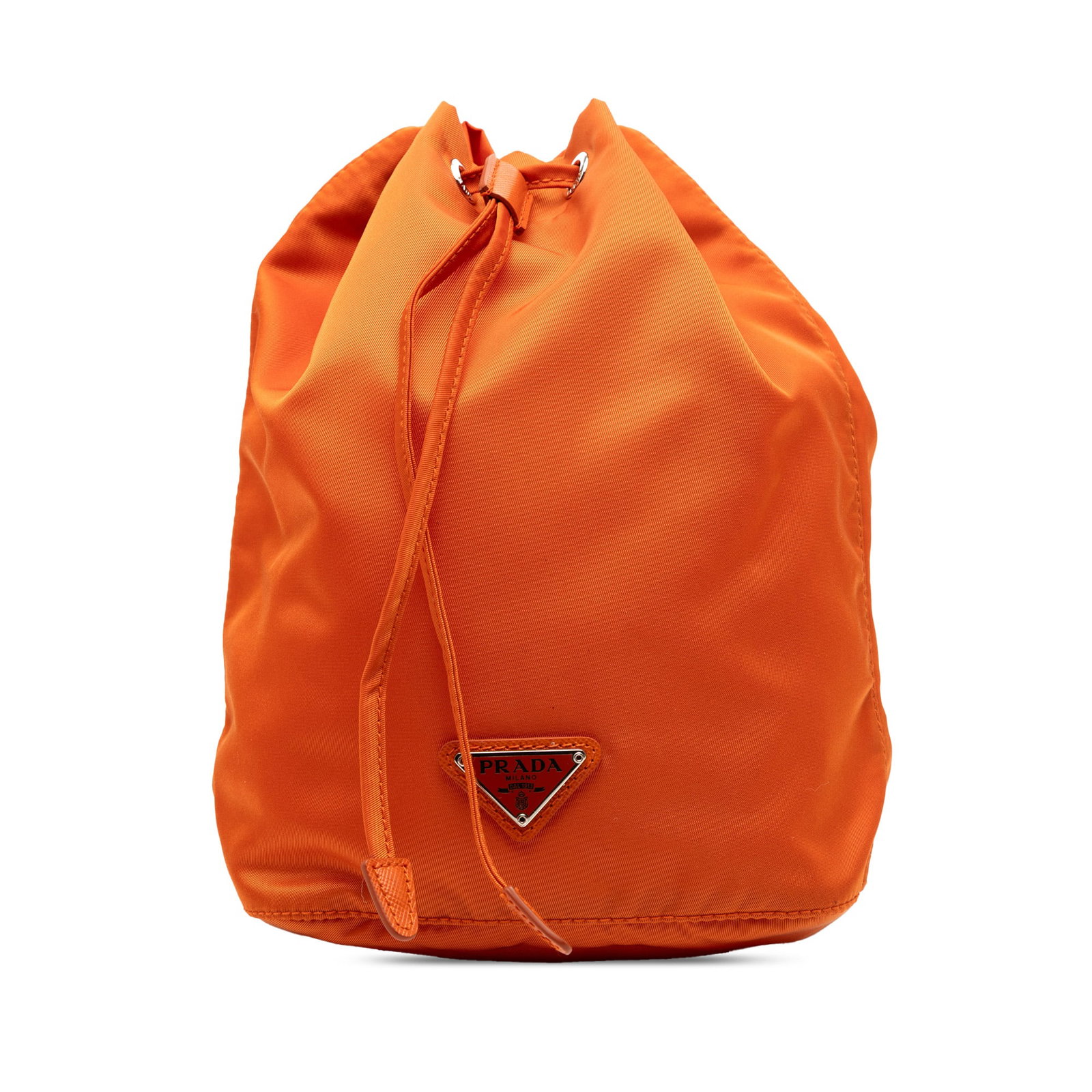 Prada Tessuto Orange Nylon Bucket Bag with Drawstring and Leather Strap: Prada Tessuto Orange Nylon Bucket Bag with Drawstring and Leather Strap This Prada Tessuto Drawstring Pouch features an orange nylon body with a top drawstring closure and an adjustable, detachable fl