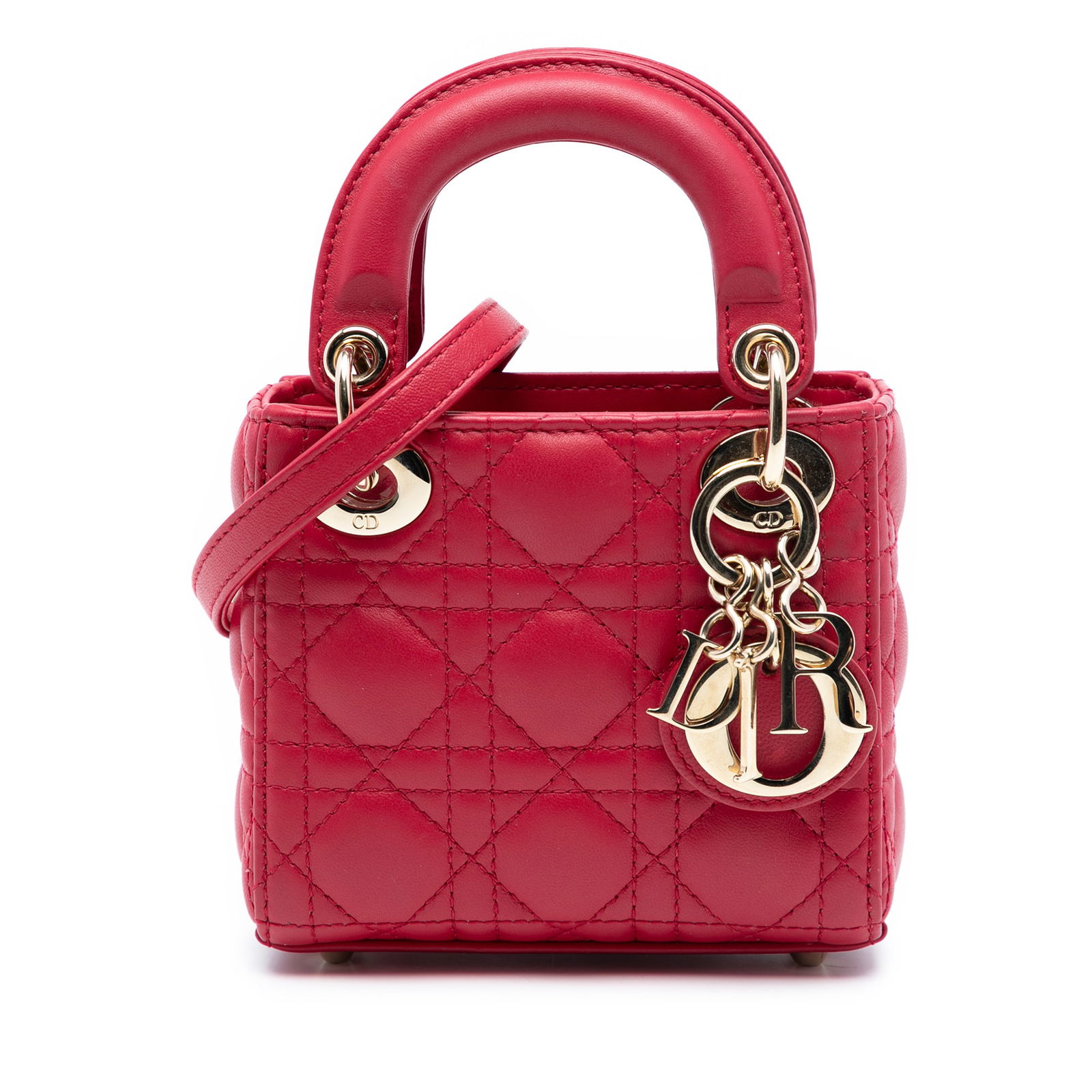 Dior Lady Dior Micro Bag Red Quilted Lambskin with Shoulder Strap: Dior Lady Dior Micro Bag Red Quilted Lambskin with Shoulder Strap This Micro Lady Dior bag features a quilted lambskin leather body in red, flat leather top handles, a detachable flat leather shoulder