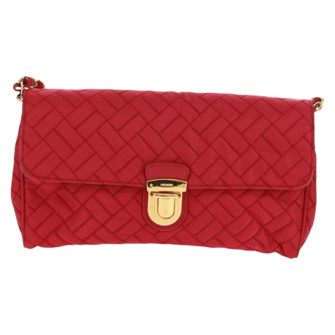 Red Prada Quilted Tessuto Nylon Pushlock Chain Shoulder Bag: Red Prada Quilted Tessuto Nylon Pushlock Chain Shoulder Bag This Prada Pushlock Chain Flap Bag features a quilted red nylon exterior with a pushlock closure and chain shoulder strap. It is designed fo