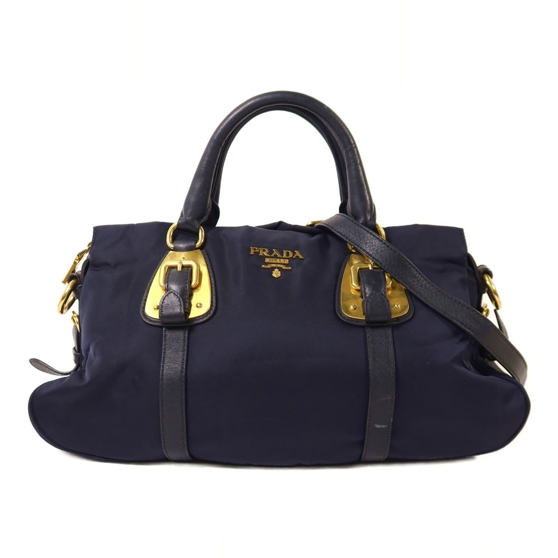 Blue Nylon Prada BN1903 Convertible Shoulder Bag with Gold Hardware: Blue Nylon Prada BN1903 Convertible Shoulder Bag with Gold Hardware This PRADA 2-way shoulder bag features a durable blue nylon exterior and offers versatile carrying options. Crafted in Italy, the ba