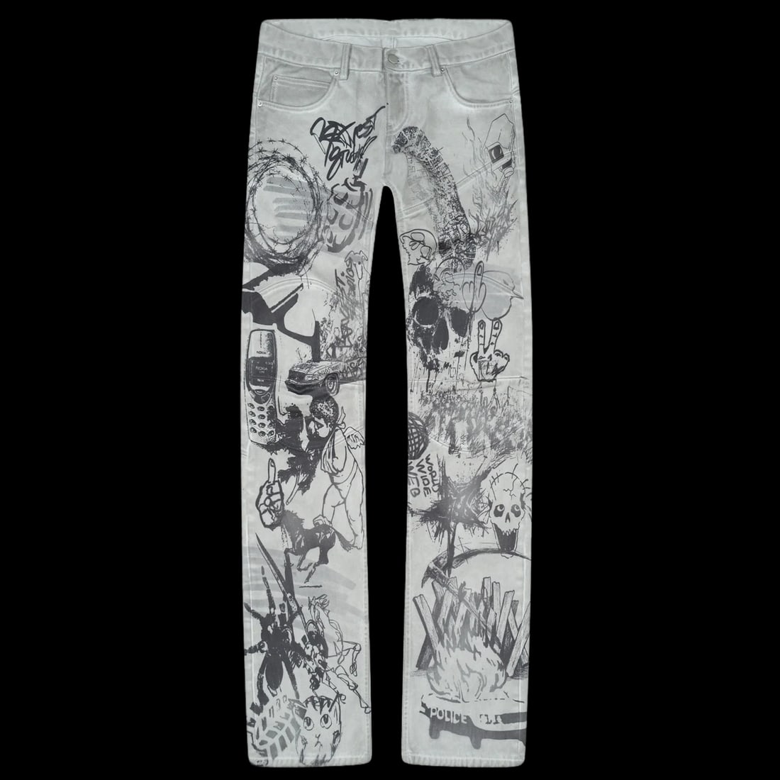 Moto-Inspired Sketch Graphic Denim Pants by Bravest Studios Size 32: Moto-Inspired Sketch Graphic Denim Pants by Bravest Studios Size 32 The Bravest Studios Sketch Moto Denim Pants feature a slim, moto-inspired silhouette with bold sketch-style graphics for a distincti