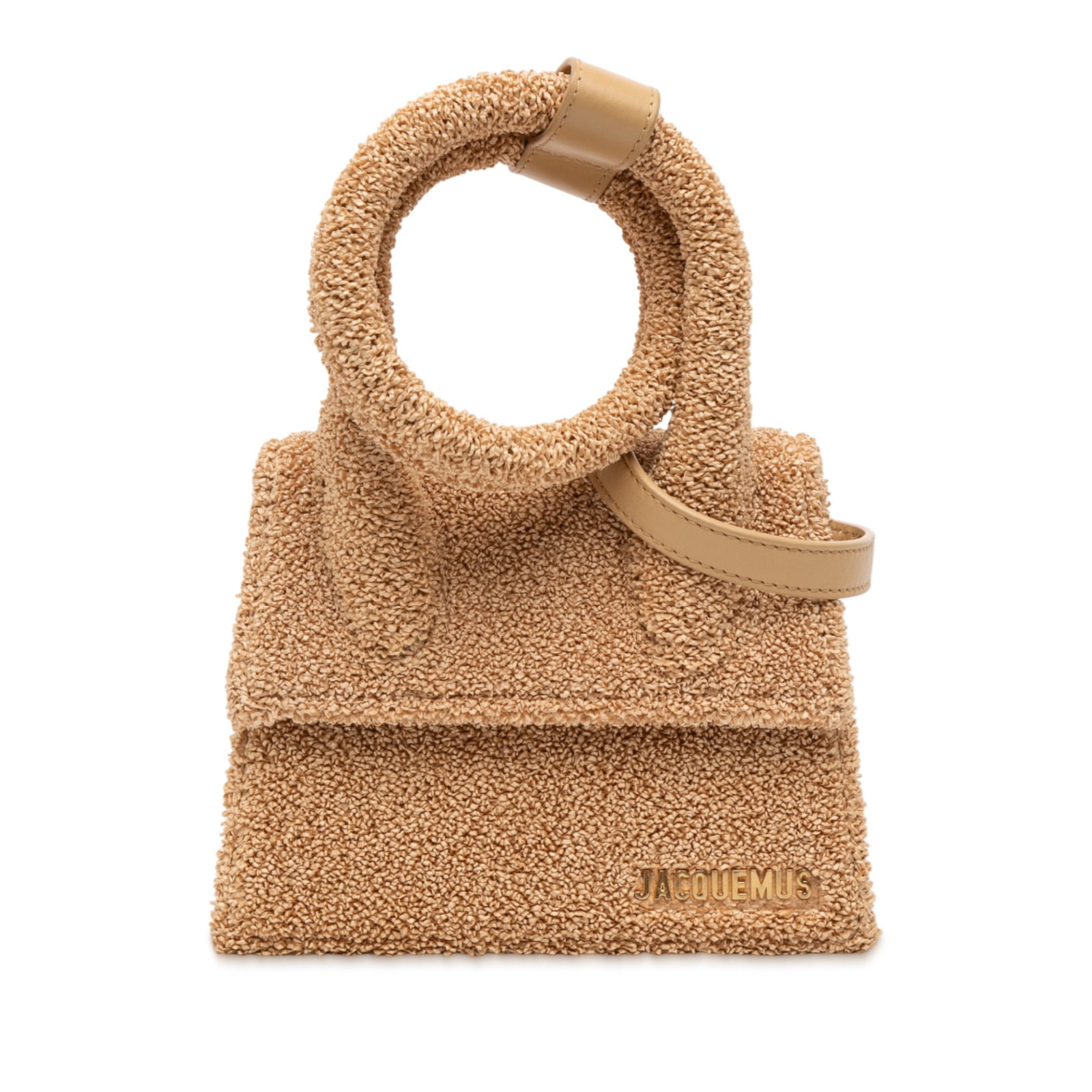 Jacquemus Le Chiquito Noeud Brown Raffia Mini Bag with Leather Strap: Jacquemus Le Chiquito Noeud Brown Raffia Mini Bag with Leather Strap This Jacquemus Le Chiquito Noeud bag features a raffia body with a rolled raffia handle and a detachable flat leather shoulder stra