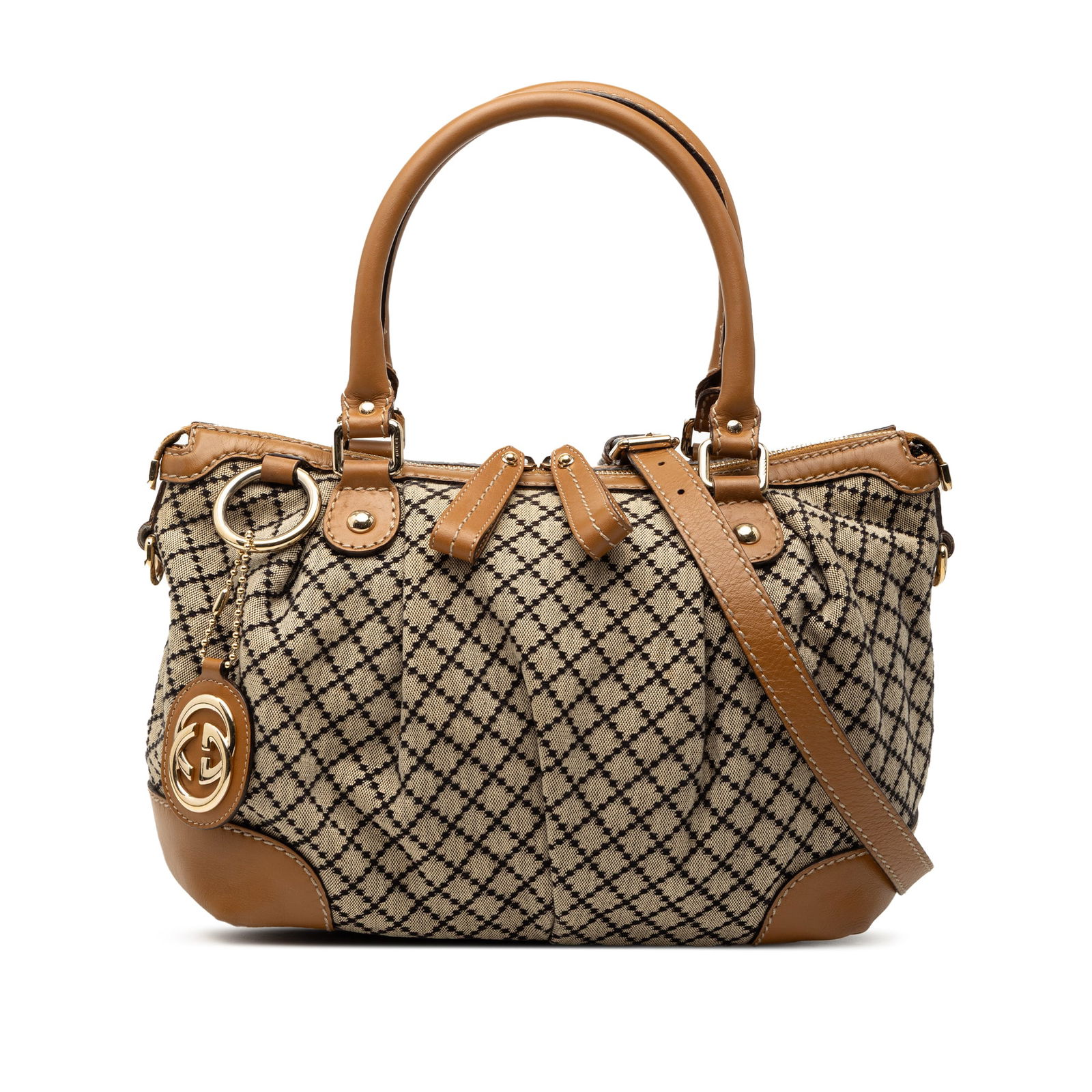 Gucci Sukey Diamante Canvas Satchel with Leather Trim and Handles: Gucci Sukey Diamante Canvas Satchel with Leather Trim and Handles This Gucci Diamante Canvas Sukey Satchel features a durable canvas body with leather trim, rolled leather handles, a flat leather stra