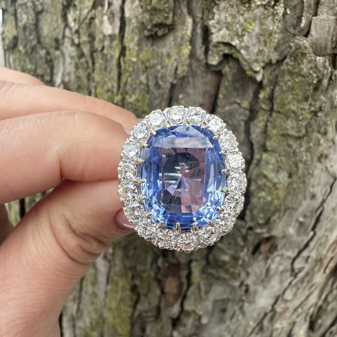 Yellow Gold Ring with GIA Ceylon No Heat Blue Sapphire and Diamond Halo 24.79ctw: Yellow Gold Ring with GIA Ceylon No Heat Blue Sapphire and Diamond Halo 24.79ctw This vintage cocktail ring features a certified natural no-heat Ceylon blue sapphire in a large old cushion brilliant s