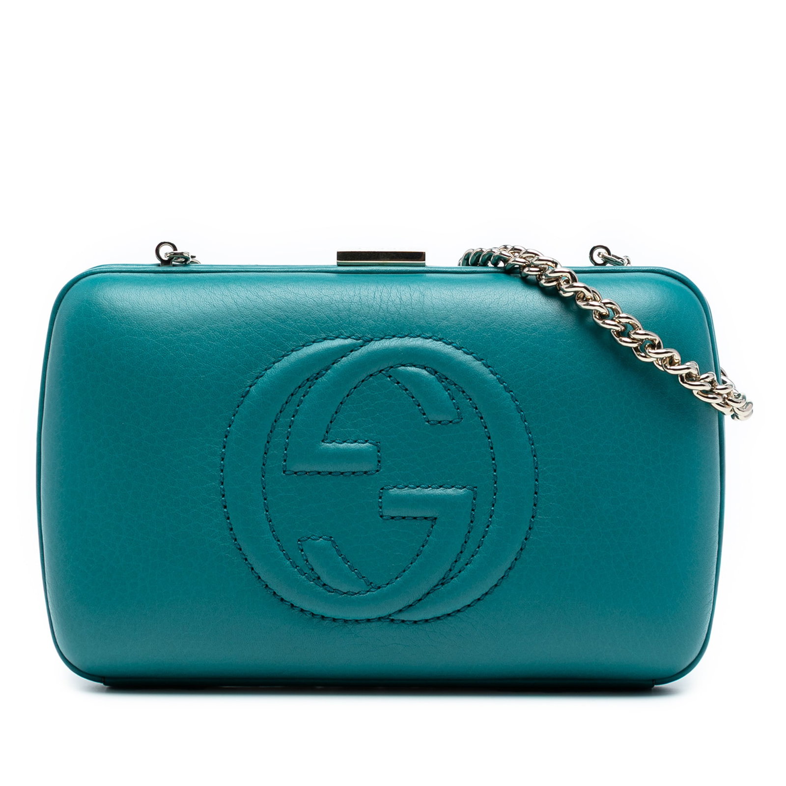 Gucci Leather Soho Clutch on Chain Blue Italy: Gucci Leather Soho Clutch on Chain Blue Italy Elevate your style with this exquisite Gucci Leather Soho Clutch on Chain. Crafted from premium leather, this clutch features a chic chain link strap and