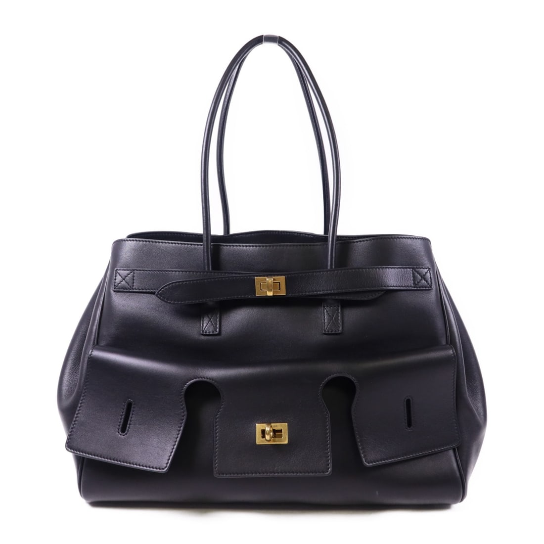 Black Calfskin Bel Air Shoulder Bag by Balenciaga with Gold Tone Hardware: Black Calfskin Bel Air Shoulder Bag by Balenciaga with Gold Tone Hardware This Balenciaga Bel Air shoulder bag is crafted from black calfskin leather and features a classic silhouette. The bag is desi