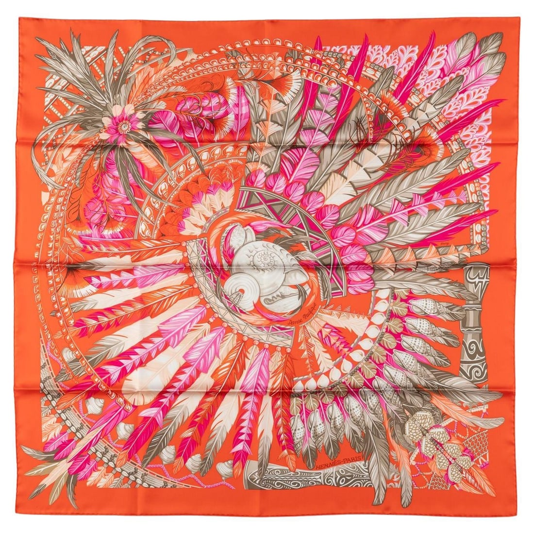 Hermes Orange Dance Pacifique Silk Scarf by Laurence Bourthoumieux: Hermes Orange Dance Pacifique Silk Scarf by Laurence Bourthoumieux The Hermes "Orange Dance Pacifique" scarf is a stunning silk piece designed by Laurence Bourthoumieux, celebrating the rich culture o