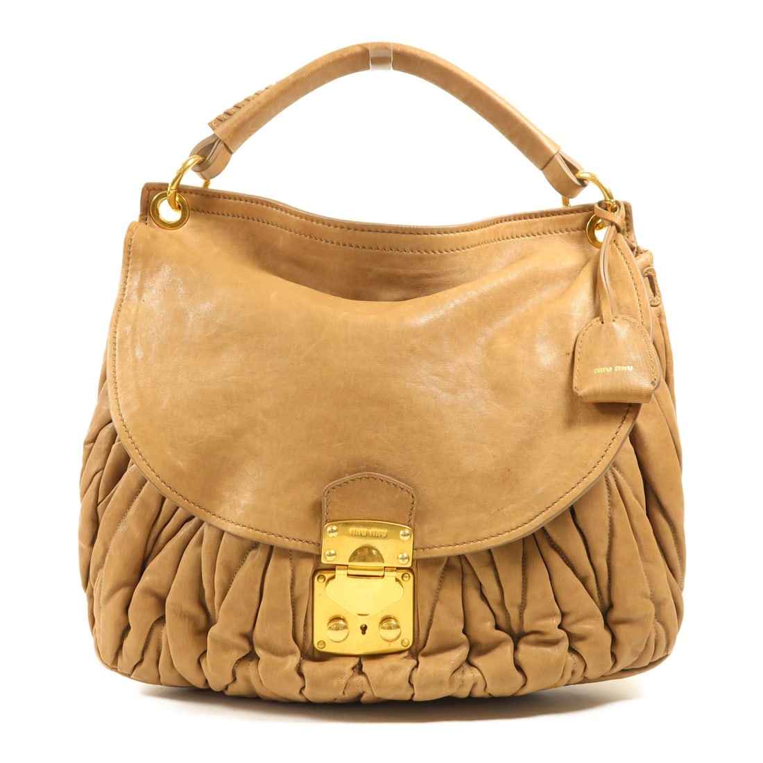 Miu Miu Brown Calfskin Leather Shoulder Handbag GHW: Miu Miu Brown Calfskin Leather Shoulder Handbag GHW This Miu Miu shoulder bag is crafted from high-quality calfskin leather in a rich brown hue. Designed for both style and practicality, it features a