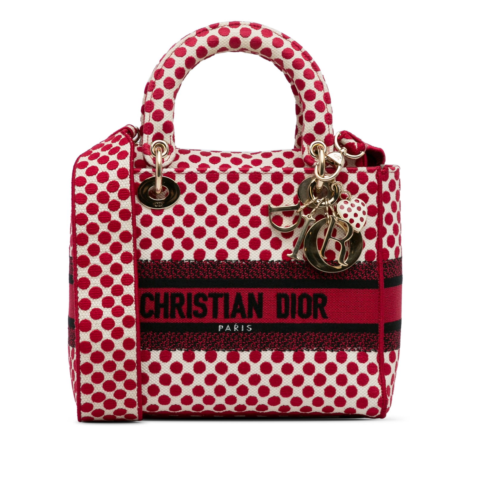DiorAmour Medium Dots Lady D Lite Red Fabric Bag: DiorAmour Medium Dots Lady D Lite Red Fabric Bag Introducing the Medium DiorAmour Dots Lady D Lite, a chic and practical handbag that showcases a vibrant red printed canvas body. This stylish bag feat
