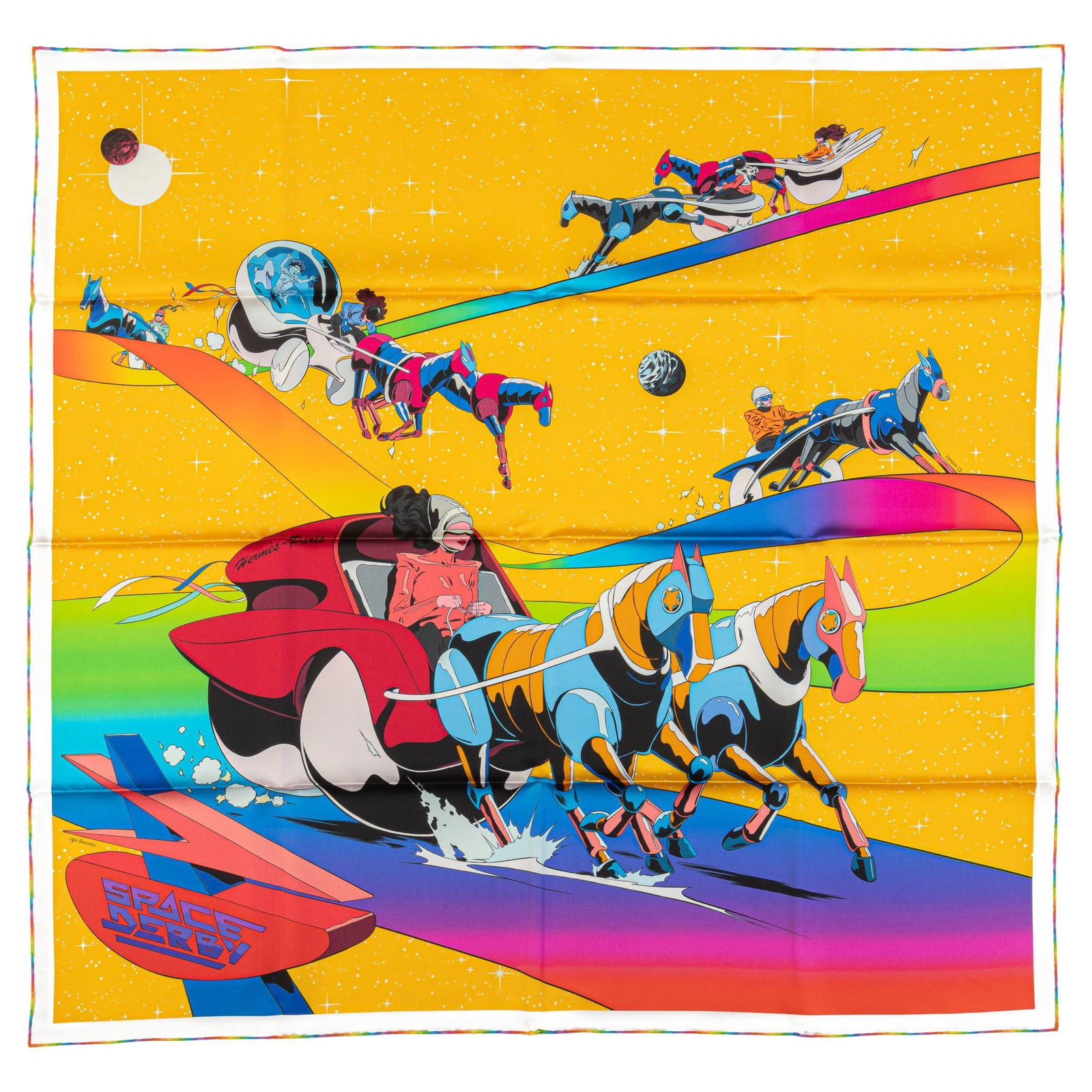 Hermes Space Derby Silk Scarf Multicolor 35 in France: Hermes Space Derby Silk Scarf Multicolor 35 in France This exquisite Hermes Space Derby silk scarf features a vibrant multicolor design, perfect for adding a touch of elegance to any outfit. Crafted i