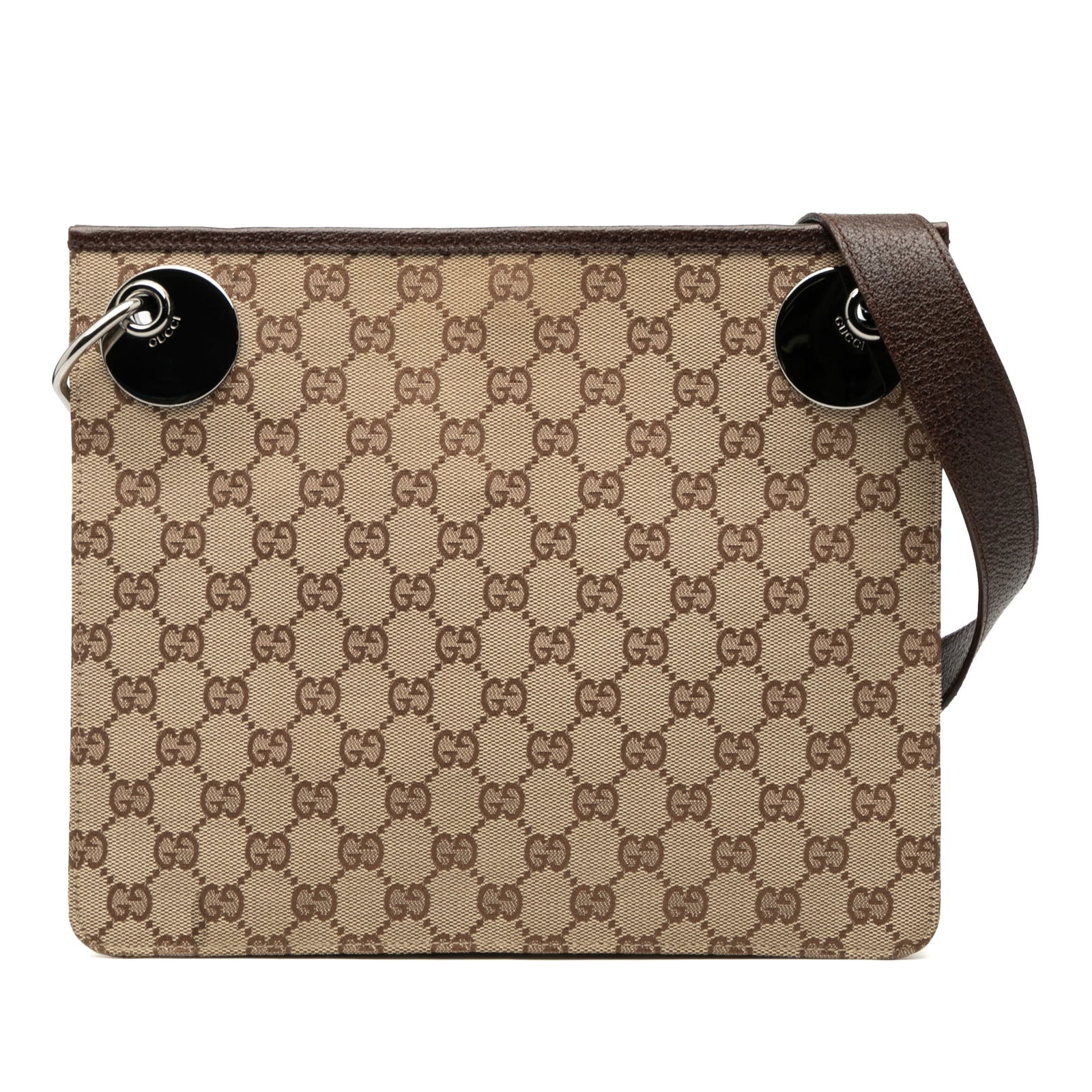 Gucci Eclipse GG Canvas Crossbody Bag with Leather Trim: Gucci Eclipse GG Canvas Crossbody Bag with Leather Trim This Eclipse crossbody bag features a brown canvas body with leather trim, an adjustable flat leather strap, an open top with magnetic snap clos