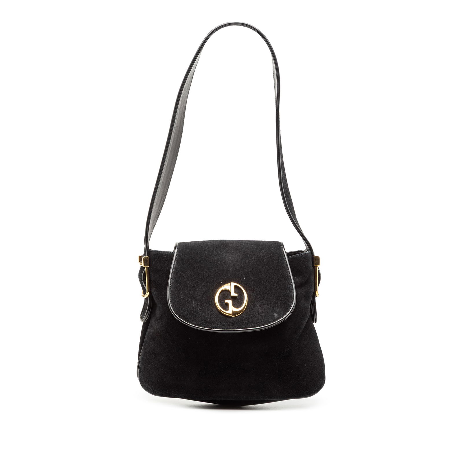 Black Suede Leather 1973 Shoulder Bag by Gucci: Black Suede Leather 1973 Shoulder Bag by Gucci This Gucci 1973 shoulder bag is crafted from black suede leather and features a flat leather strap, a top flap with magnetic snap closure, and interior s