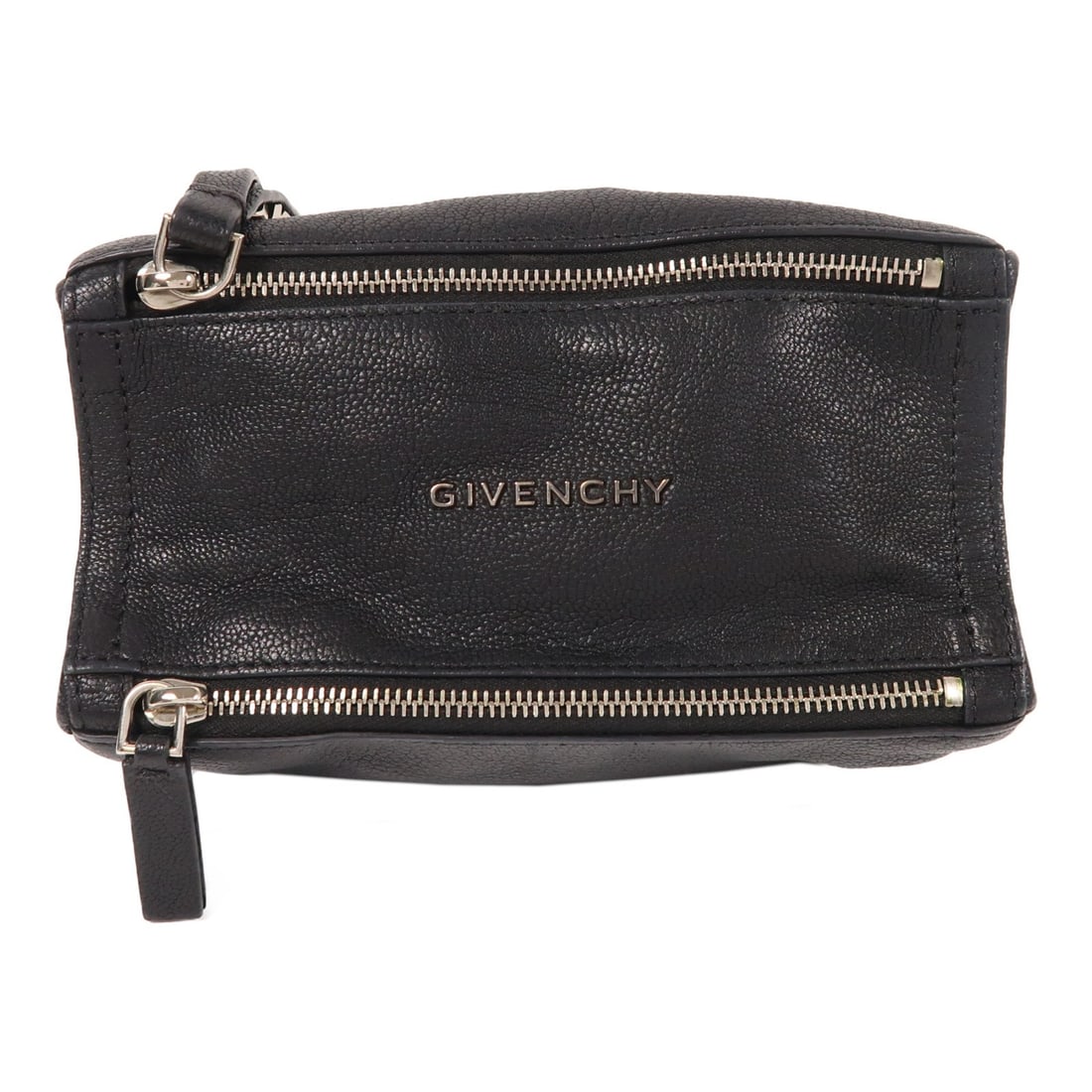 GIVENCHY Black Calfskin Leather Pandora Clutch Bag: GIVENCHY Black Calfskin Leather Pandora Clutch Bag Introducing the sleek GIVENCHY Pandora Clutch Bag, crafted from premium calfskin leather in a timeless black finish. This stylish accessory features