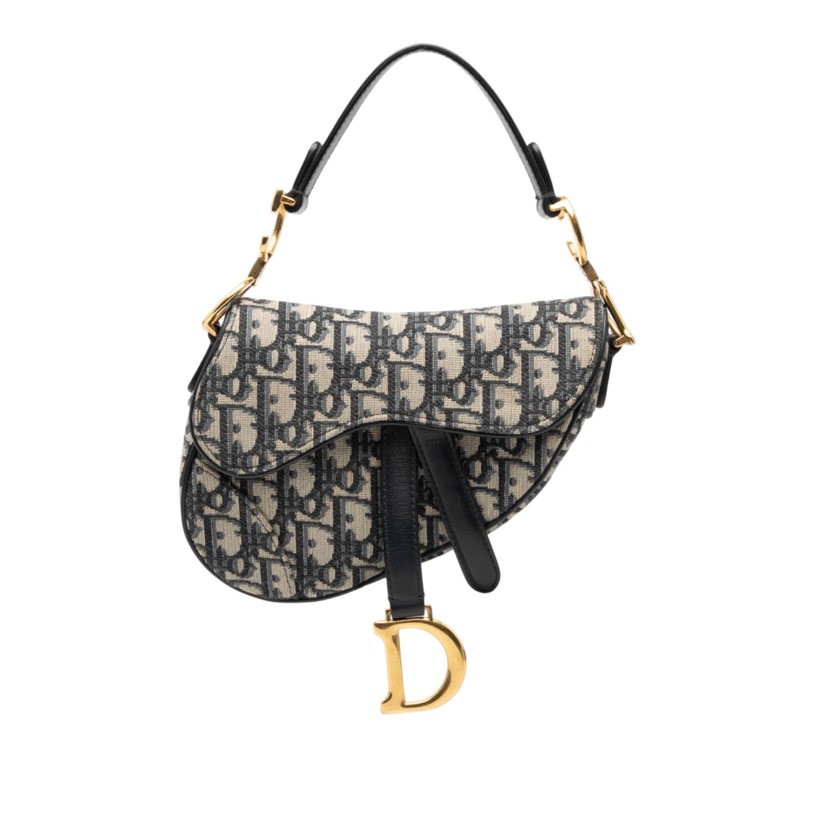 Mini Saddle Shoulder Bag in Dior Oblique Canvas with Leather Handle: Mini Saddle Shoulder Bag in Dior Oblique Canvas with Leather Handle This Dior Mini Oblique Canvas Saddle Bag features a blue canvas body with a distinctive oblique pattern, a flat leather handle, a fl