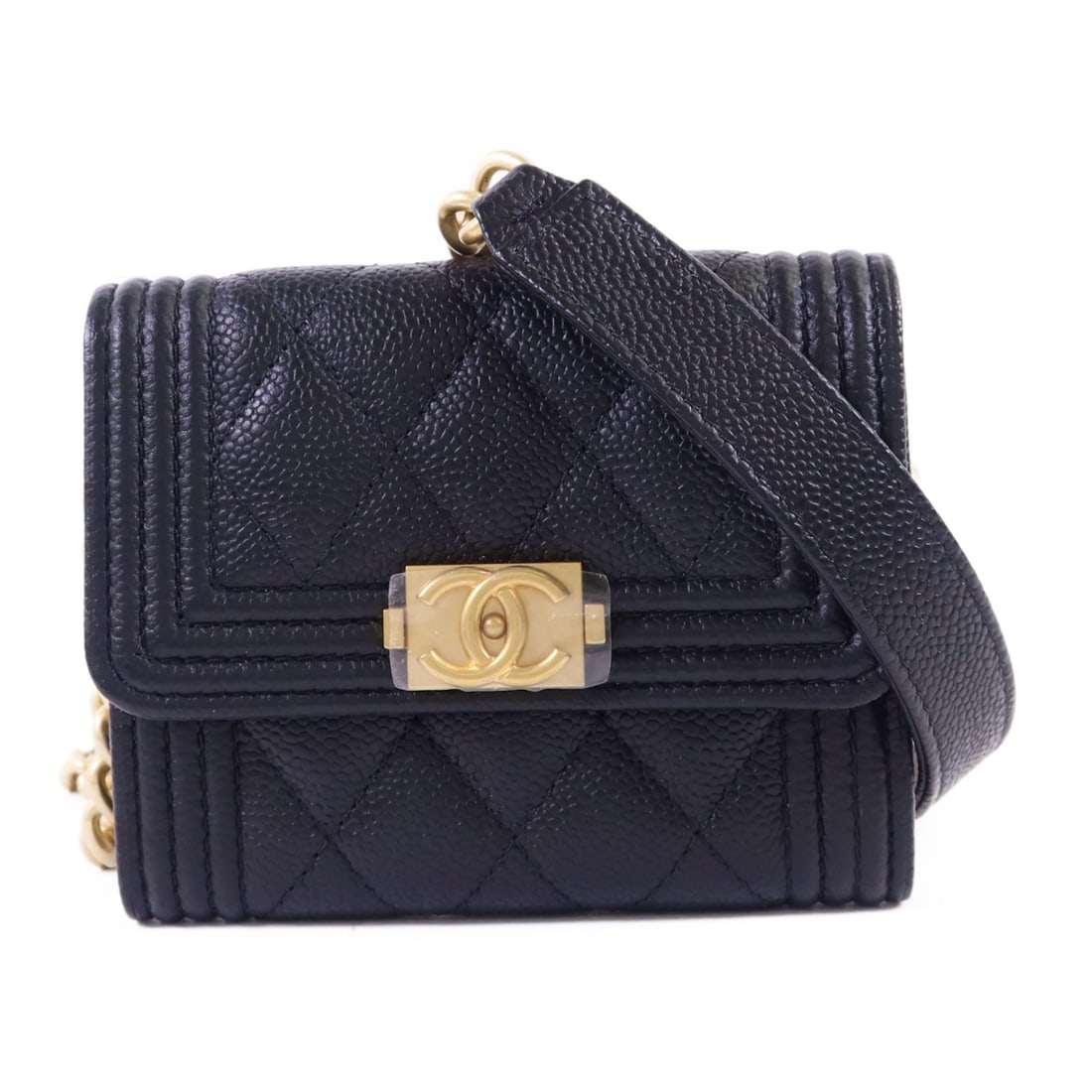 Chanel Boy Black Calfskin Chain Wallet Shoulder Bag with Gold Hardware: Chanel Boy Black Calfskin Chain Wallet Shoulder Bag with Gold Hardware This CHANEL Boy Chain Wallet Shoulder Bag features luxurious calfskin leather in black, complemented by CC logo hardware. The bag