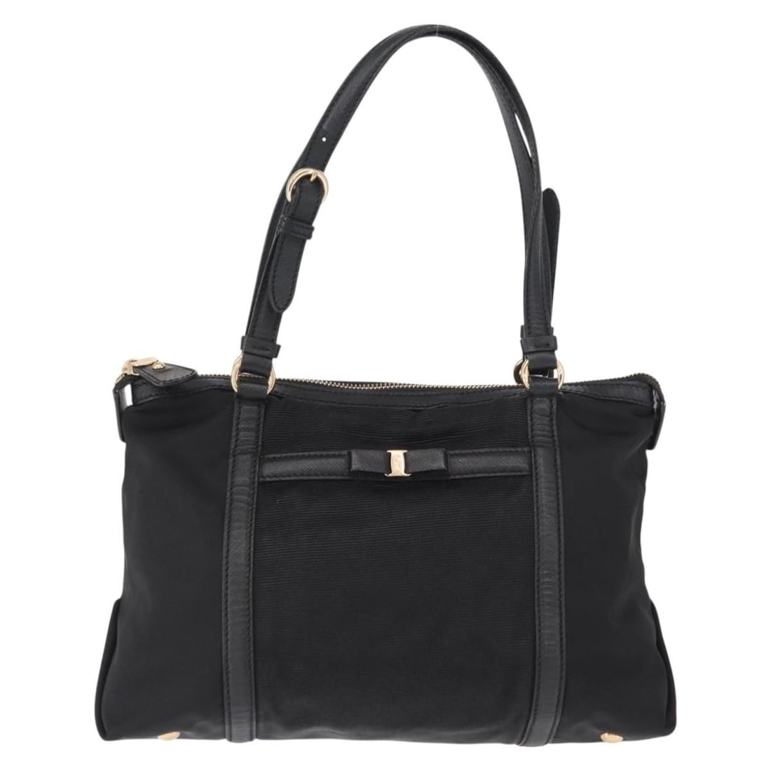 Salvatore Ferragamo Vala Black Nylon Handbag 29cm by 18cm by 13cm: Salvatore Ferragamo Vala Black Nylon Handbag 29cm by 18cm by 13cm This Salvatore Ferragamo Vala handbag for women features a black nylon exterior with leather accents. The handbag shows signs of wear