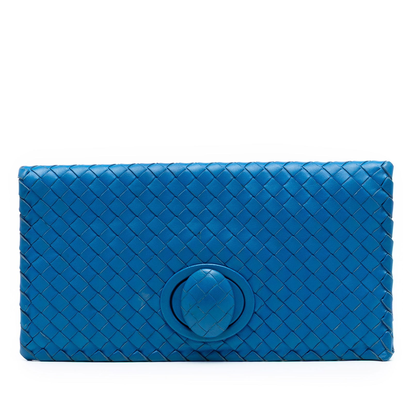 Nappa Leather Woven Clutch by Bottega Veneta with Turn Lock: Nappa Leather Woven Clutch by Bottega Veneta with Turn Lock This Bottega Veneta clutch features a woven nappa leather body in blue, complemented by a front flap with a turn lock closure and an interio