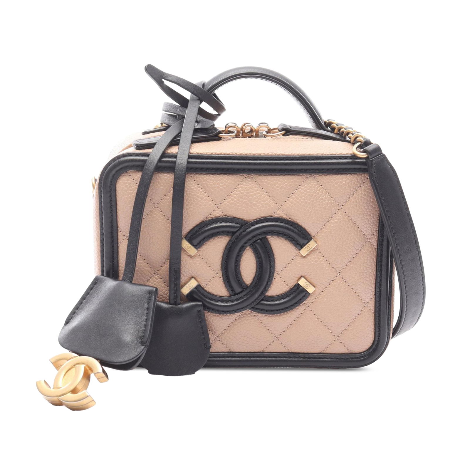 Chanel Small Caviar CC Filigree Vanity Case Brown Leather: Chanel Small Caviar CC Filigree Vanity Case Brown Leather Introducing the Chanel Small Caviar CC Filigree Vanity Case, a luxurious satchel crafted from quilted caviar leather. This stylish piece featu