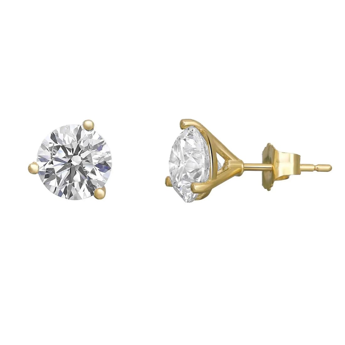 2.10ctw Lab Grown Diamond Stud Earrings in 14K Yellow Gold Three Prong Setting: 2.10ctw Lab Grown Diamond Stud Earrings in 14K Yellow Gold Three Prong Setting These elegant stud earrings feature round cut lab grown diamonds with a total weight of 2.10 carats, set in a classic thr