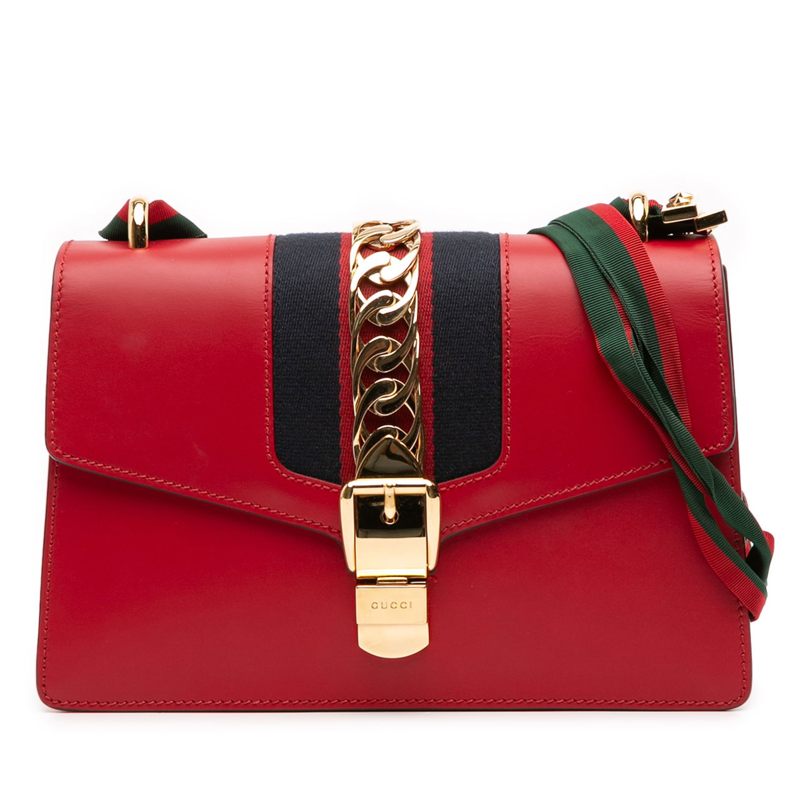 Gucci Small Leather Sylvie Web Satchel Red Italy: Gucci Small Leather Sylvie Web Satchel Red Italy This Gucci Small Leather Sylvie Web Satchel is a stylish and functional accessory, crafted from premium leather. It features a detachable flat canvas s