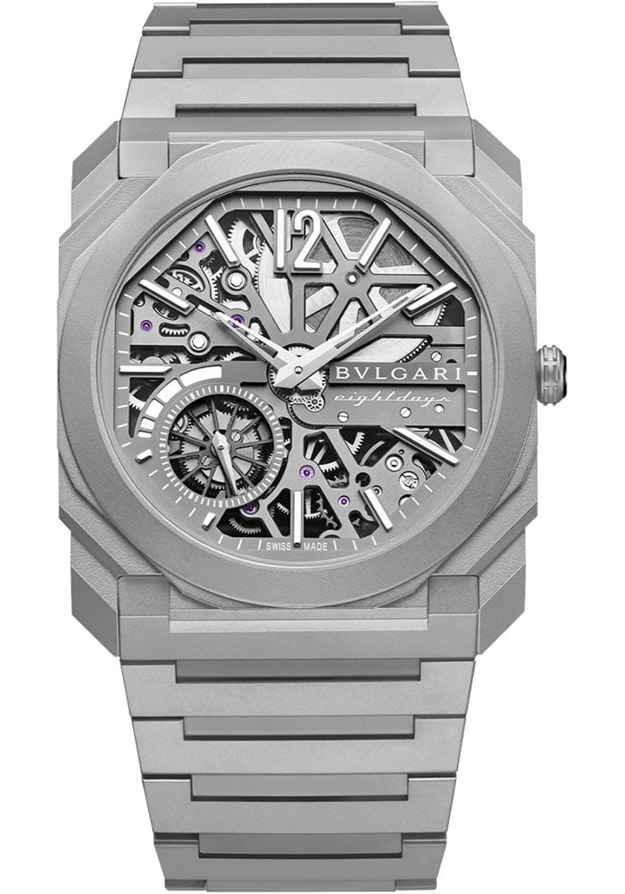 Bvlgari Octo Finissimo Skeleton Dial Ref 103610 Bracelet Watch with Card: Bvlgari Octo Finissimo Skeleton Dial Ref 103610 Bracelet Watch with Card This Bvlgari Octo Finissimo men's watch features an openwork dial and a smooth bezel, presented on a bracelet. The timepiece is