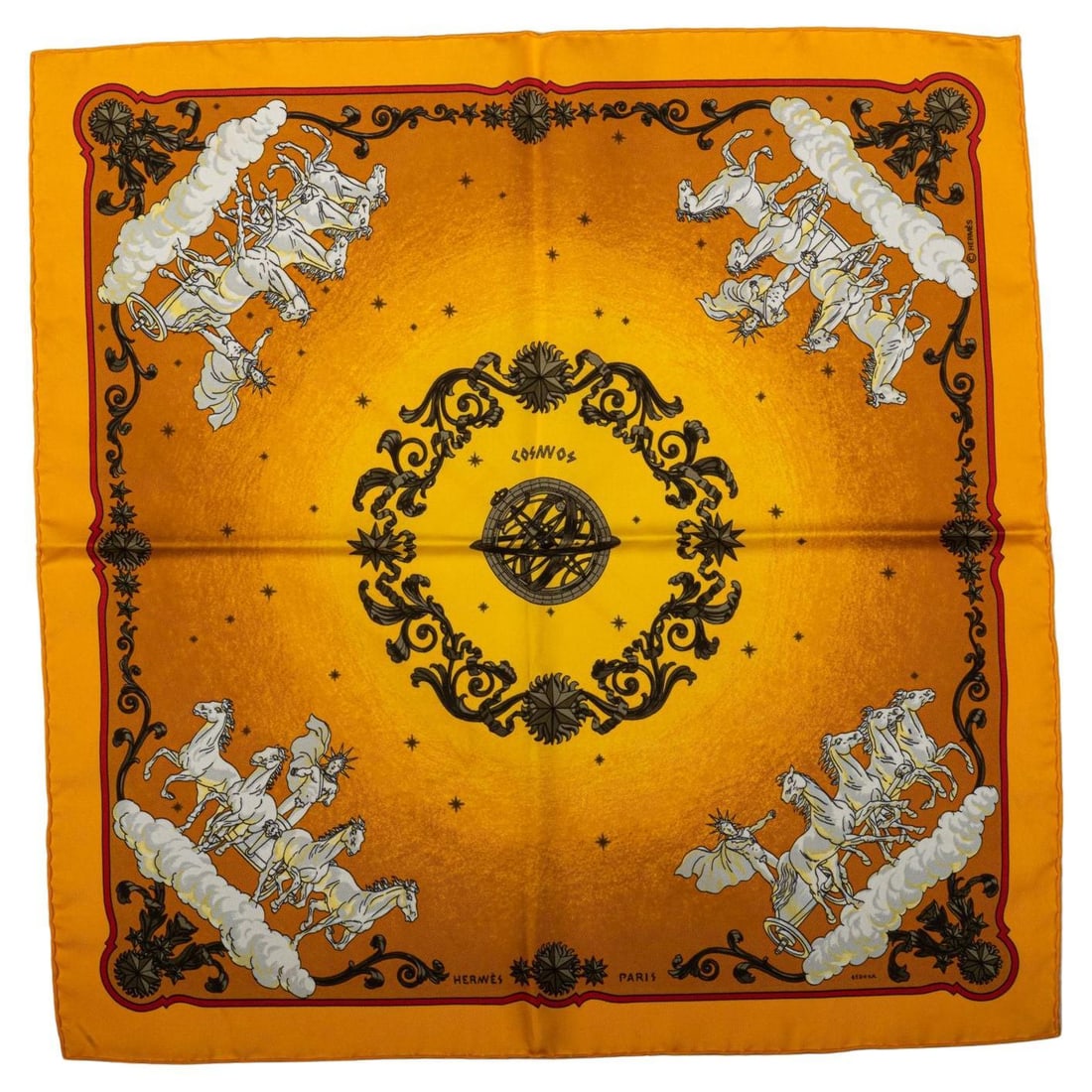 Hermes Yellow Silk Cosmos Scarf by Philippe Ledoux 17.5": Hermes Yellow Silk Cosmos Scarf by Philippe Ledoux 17.5" This exquisite Hermes yellow silk Cosmos scarf, designed by Philippe Ledoux, showcases a vibrant and intricate print that adds a touch of elega