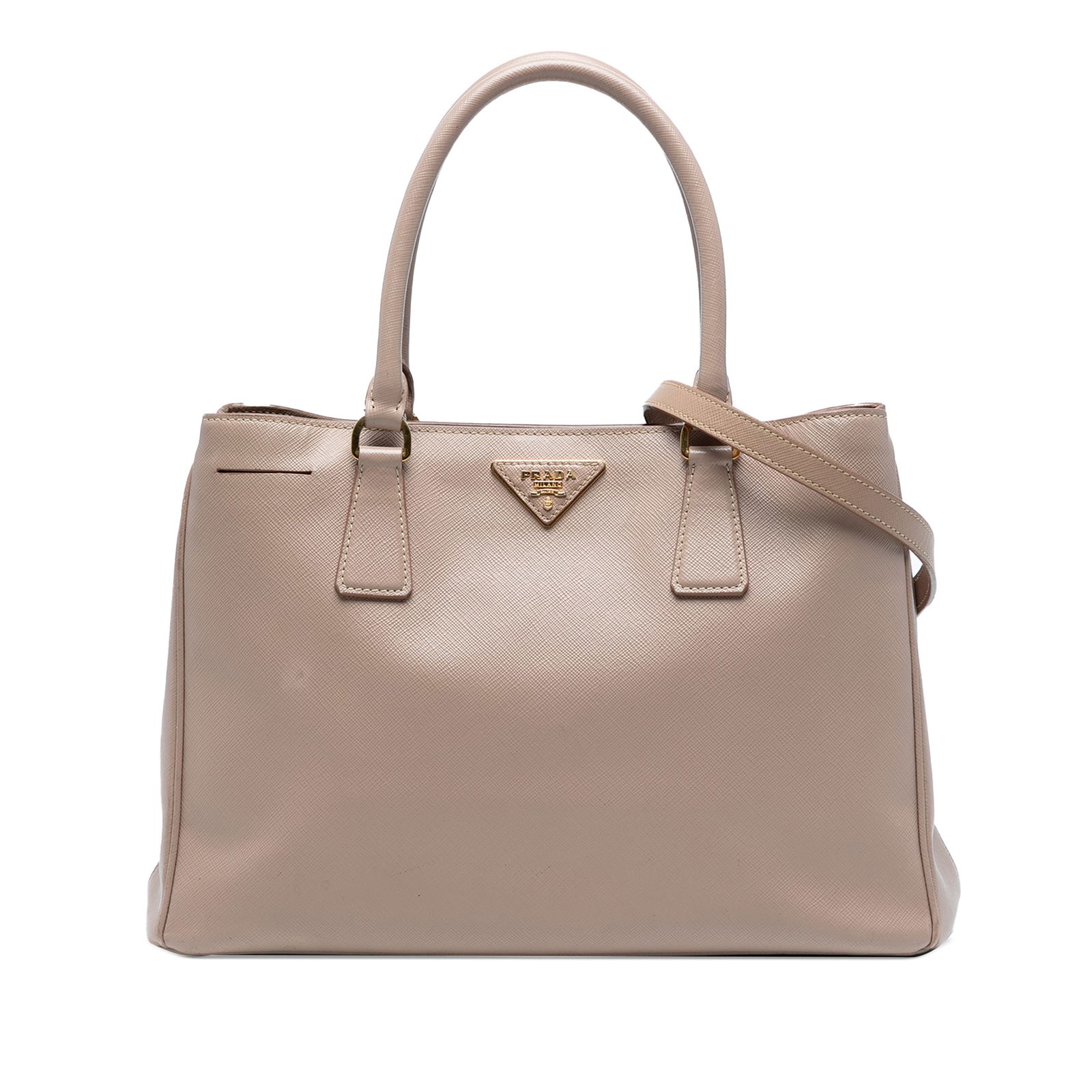 Prada Galleria Satchel Medium Saffiano Leather Brown with Adjustable Strap: Prada Galleria Satchel Medium Saffiano Leather Brown with Adjustable Strap This Prada Medium Saffiano Lux Galleria Satchel features a structured design crafted from brown saffiano leather. It comes wi